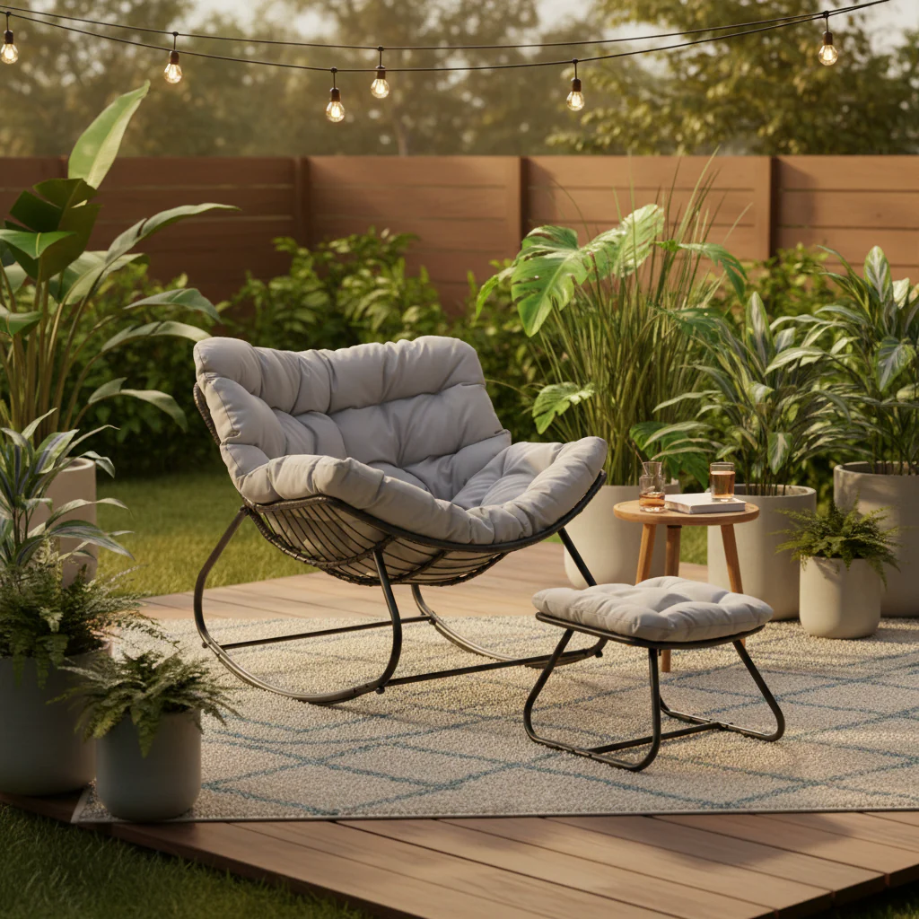 Papasan Egg Rocking Chair with Ottoman with All-Weather Cushions