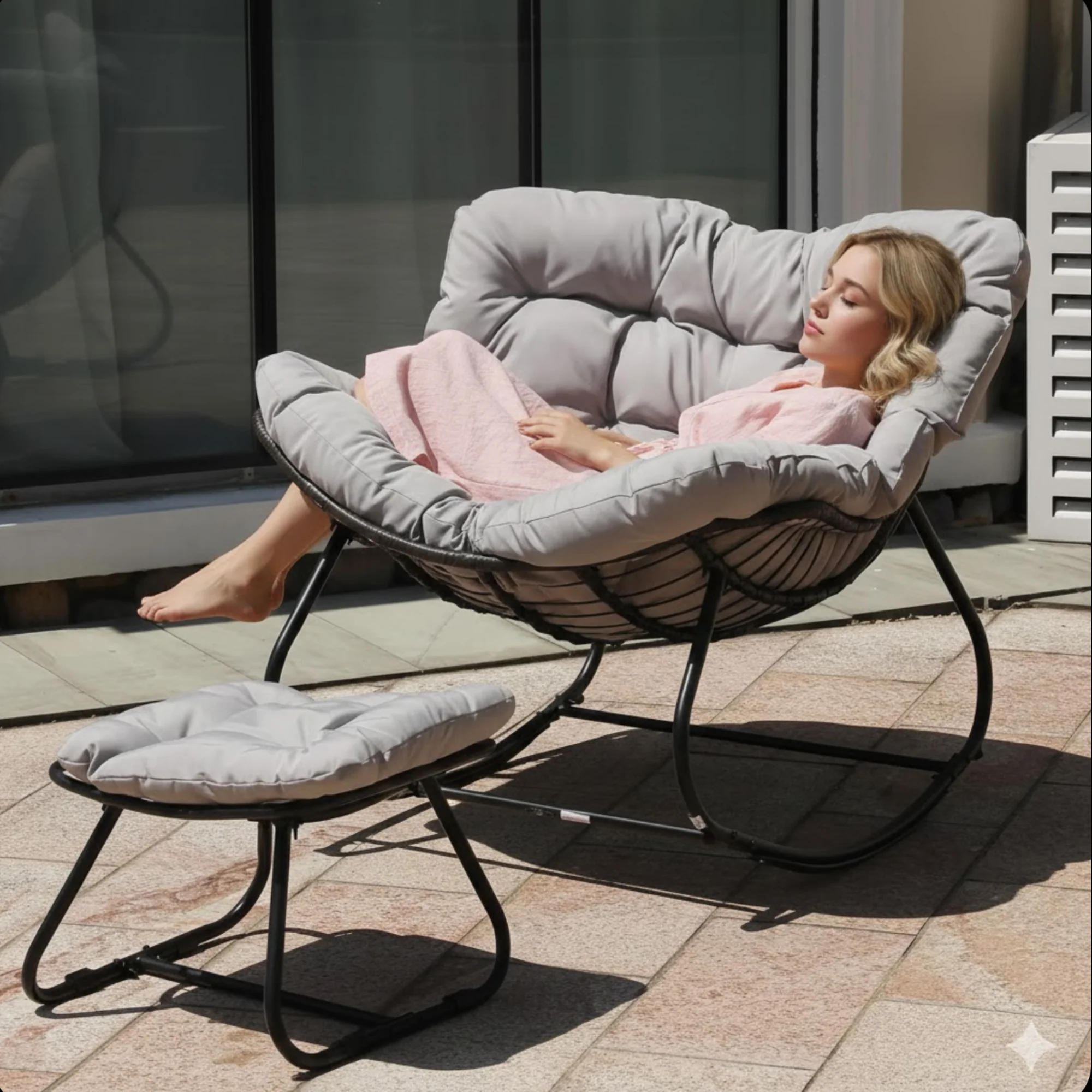 Papasan Egg Rocking Chair with Ottoman with All-Weather Cushions - Image 6