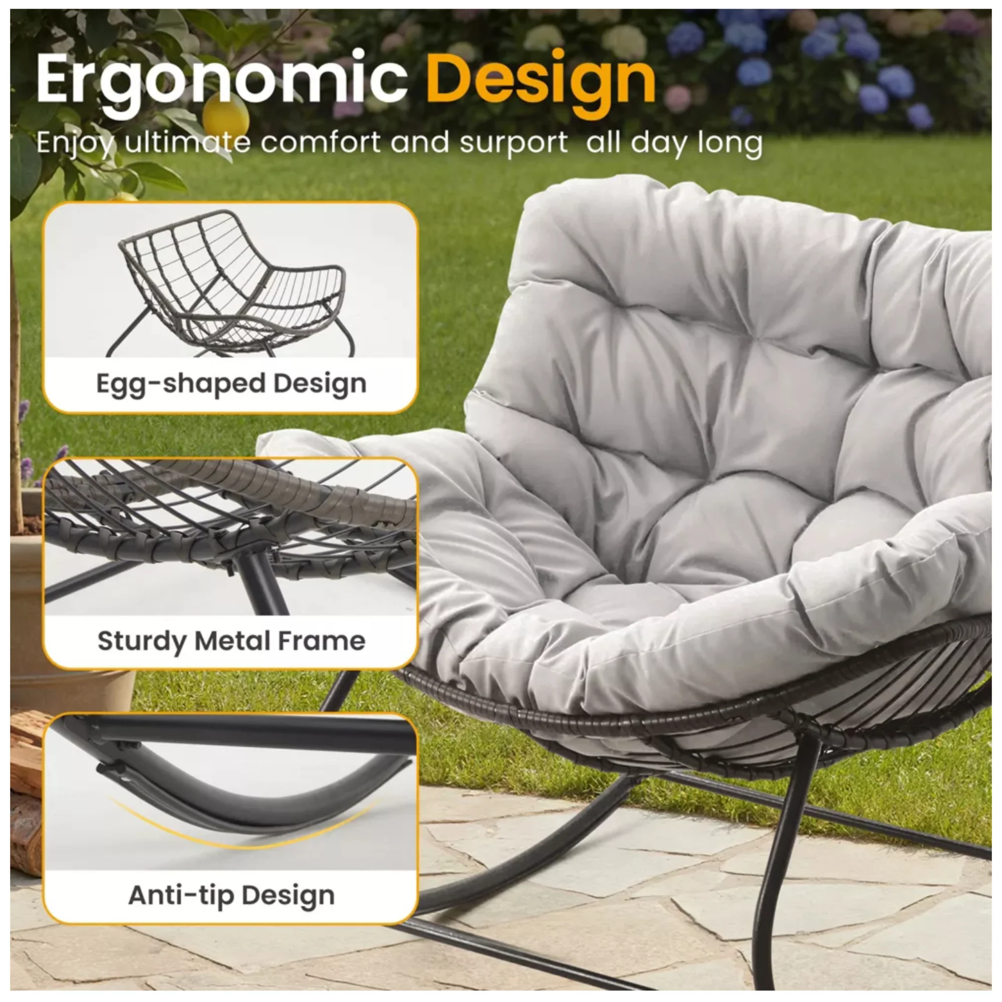 Papasan Egg Rocking Chair with Ottoman with All-Weather Cushions - Image 8