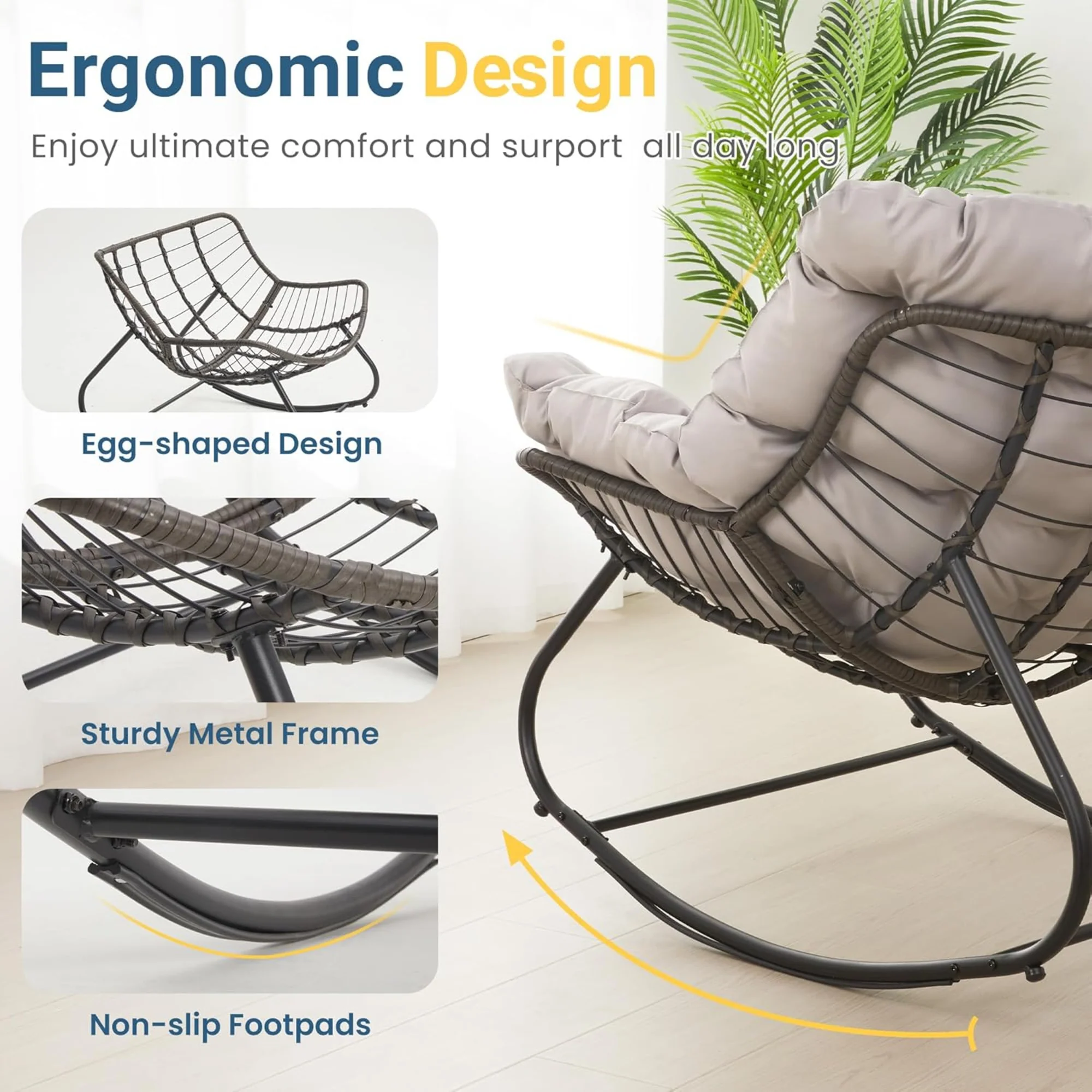 Papasan Egg Rocking Chair with Ottoman with All-Weather Cushions - Image 9