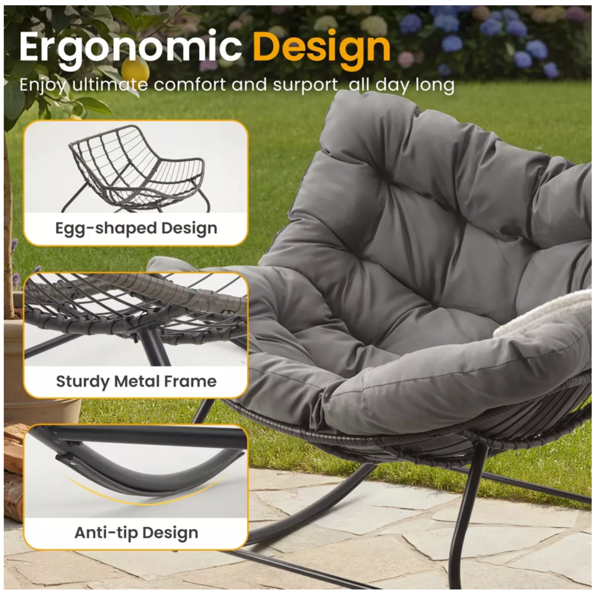 Papassan Egg Rocking Chair with Ottoman and Plush Cushions for Indoor/Outdoor Use - Image 2