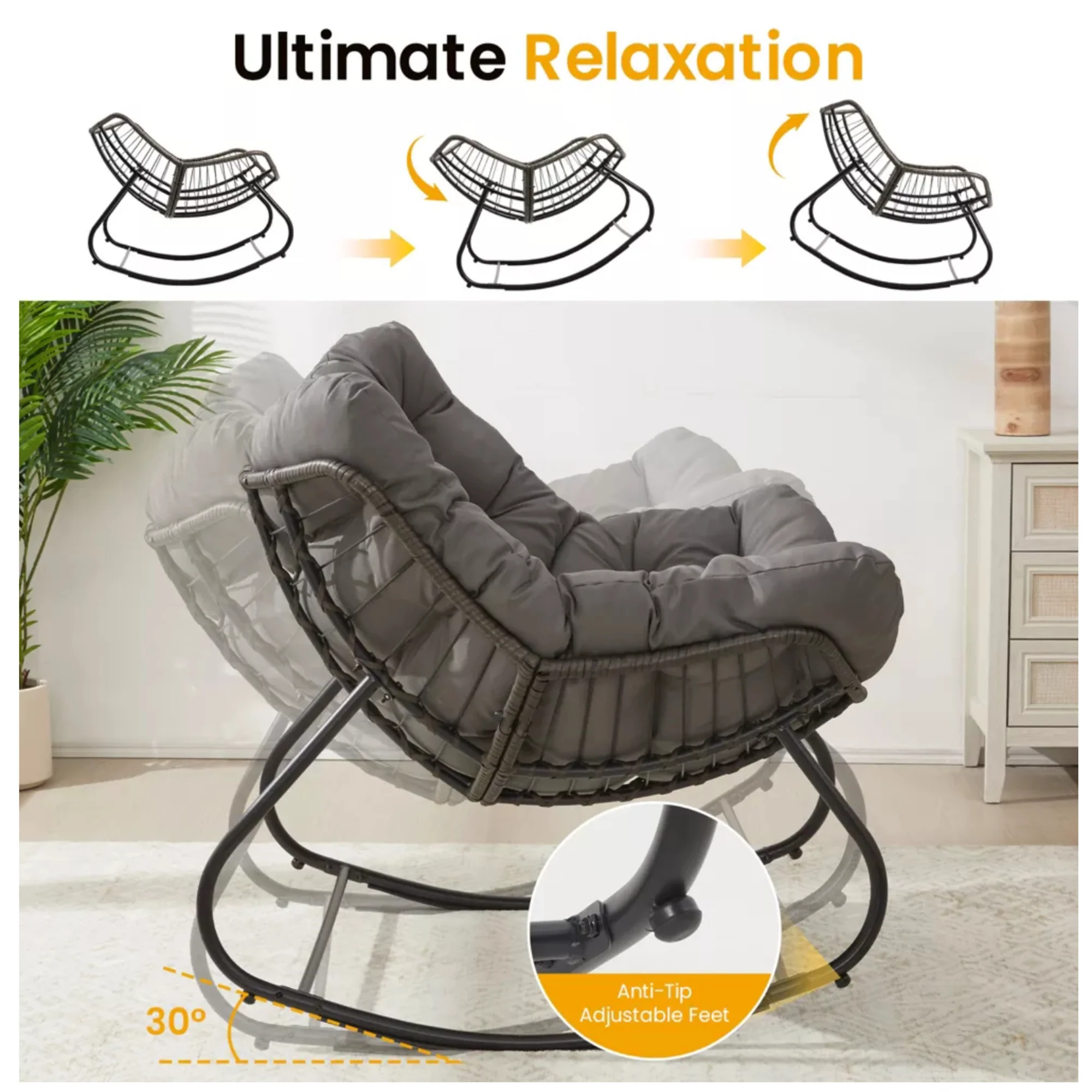 Papassan Egg Rocking Chair with Ottoman and Plush Cushions for Indoor/Outdoor Use - Image 3