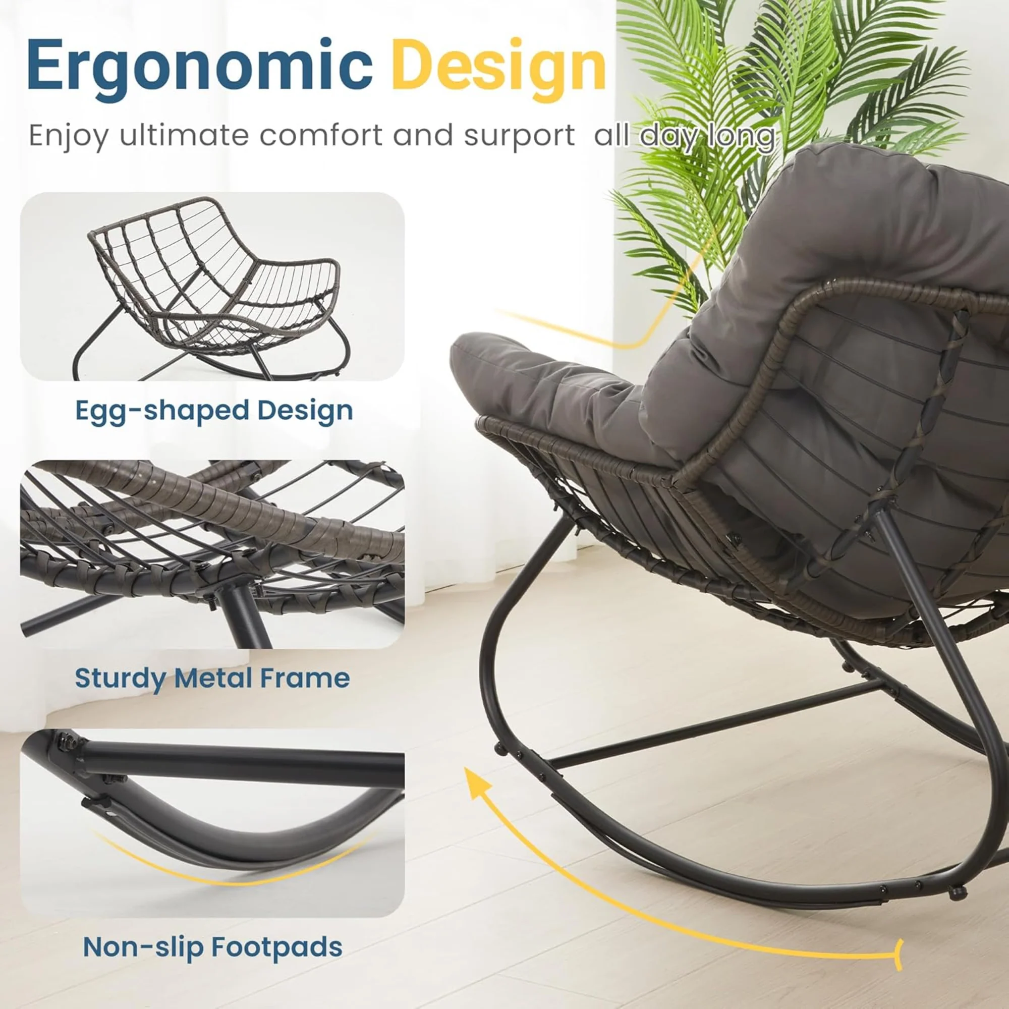 Papassan Egg Rocking Chair with Ottoman and Plush Cushions for Indoor/Outdoor Use - Image 4
