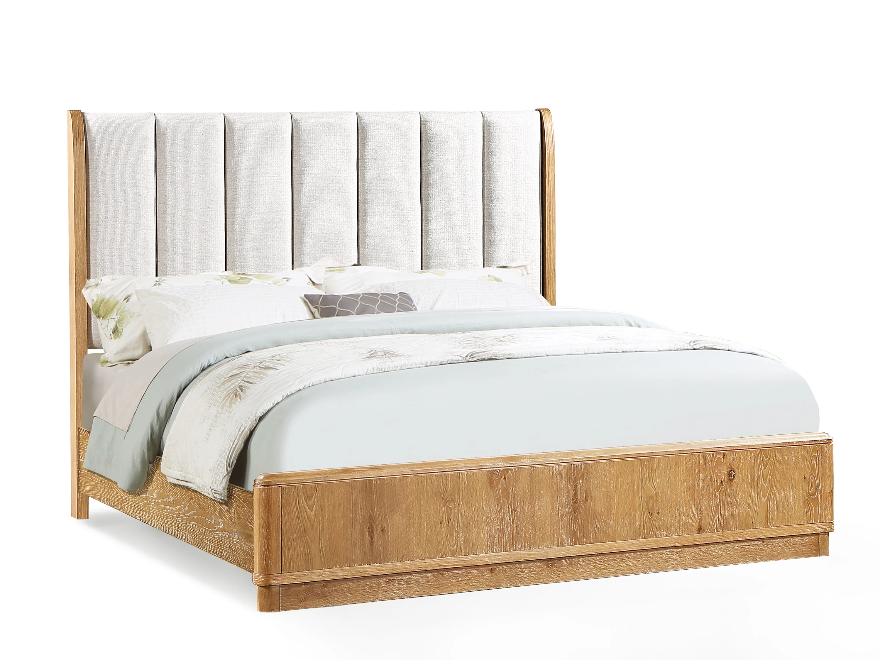 Walker Edison | Queen Upholstered Headboard with Rich Natural Wood Finish Platform - Image 2