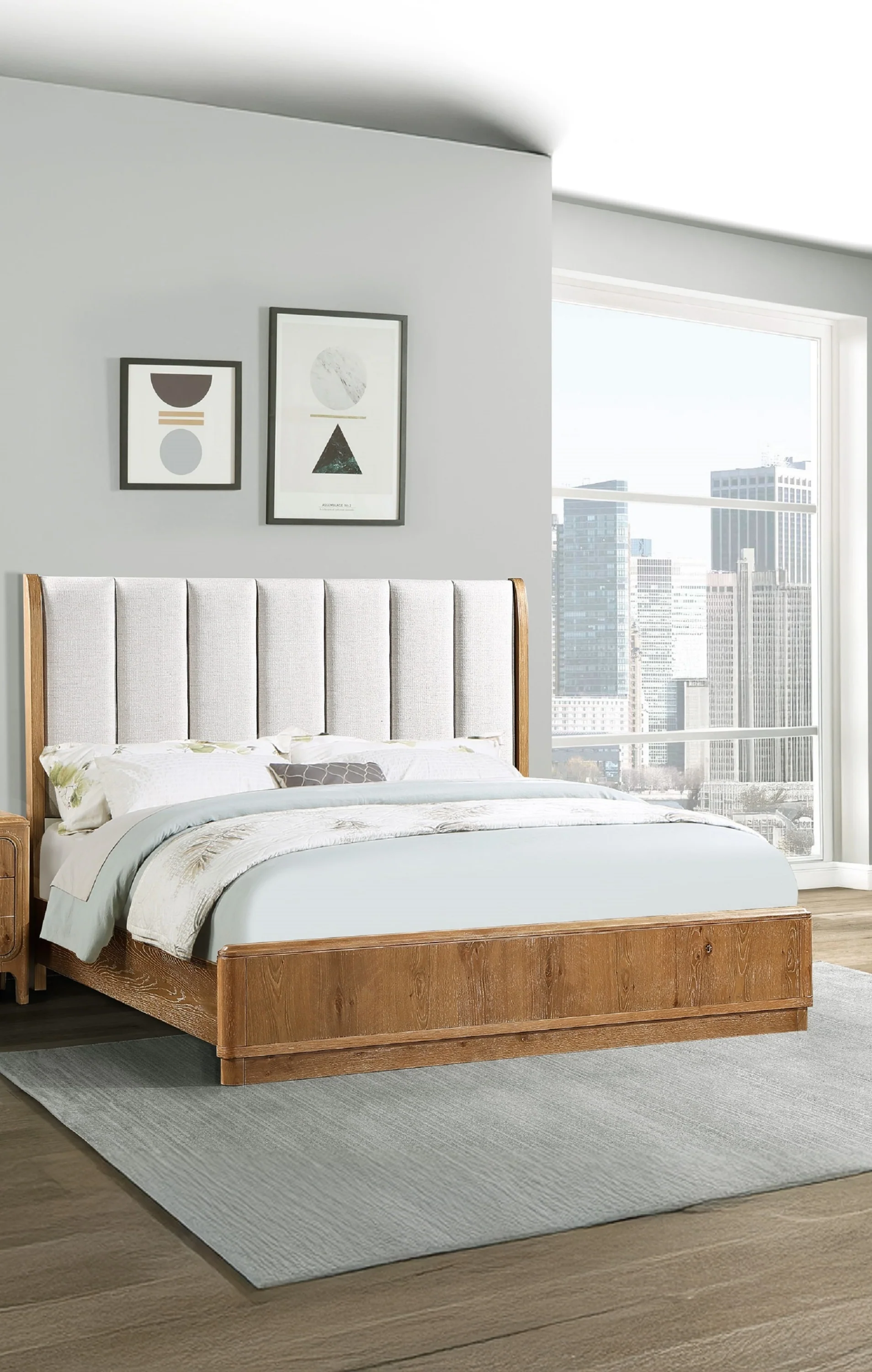 Walker Edison | Queen Upholstered Headboard with Rich Natural Wood Finish Platform - Image 3