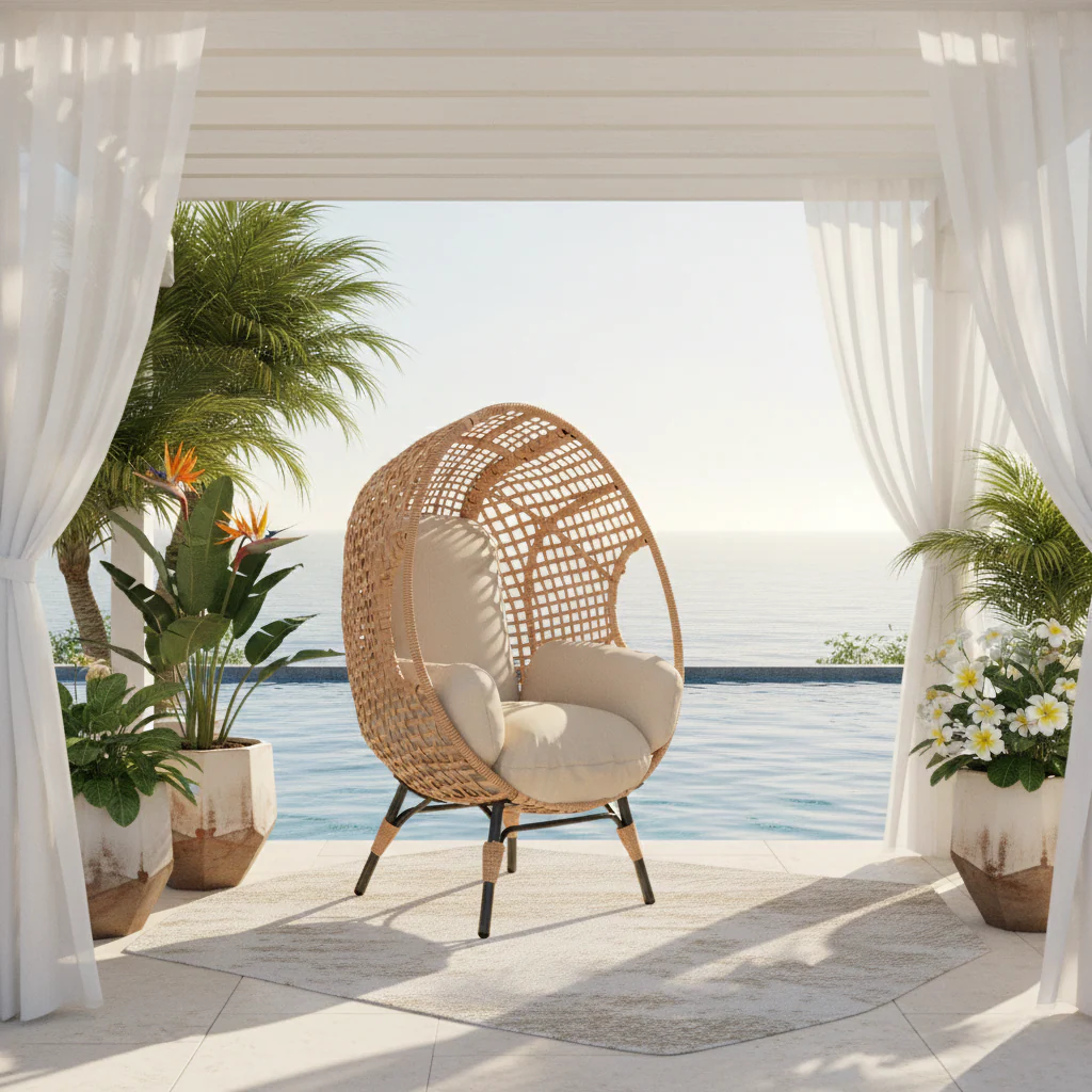 Rattan Outdoor Indoor Elegant Arc Back Hanging Egg Chair - Image 10