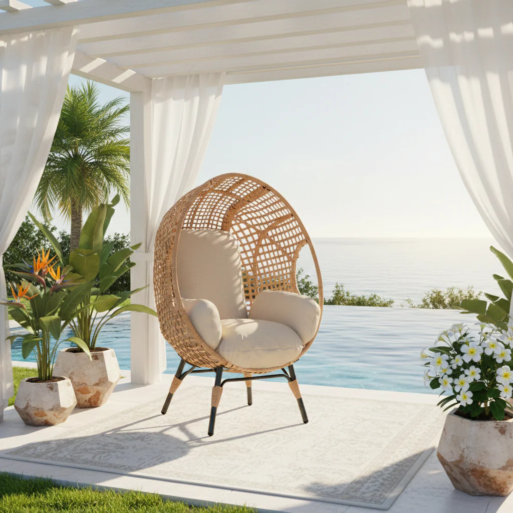 Rattan Outdoor Indoor Elegant Arc Back Hanging Egg Chair - Image 11