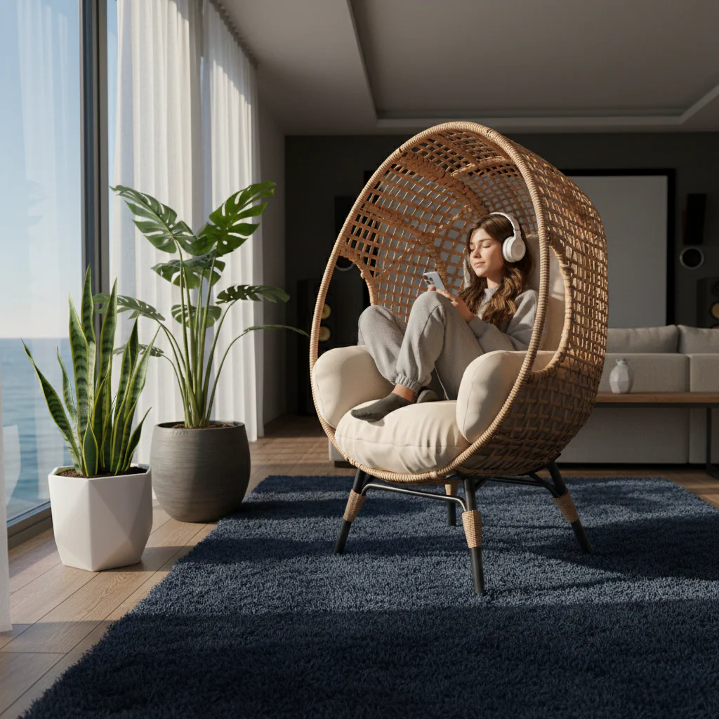 Rattan Outdoor Indoor Elegant Arc Back Hanging Egg Chair - Image 2