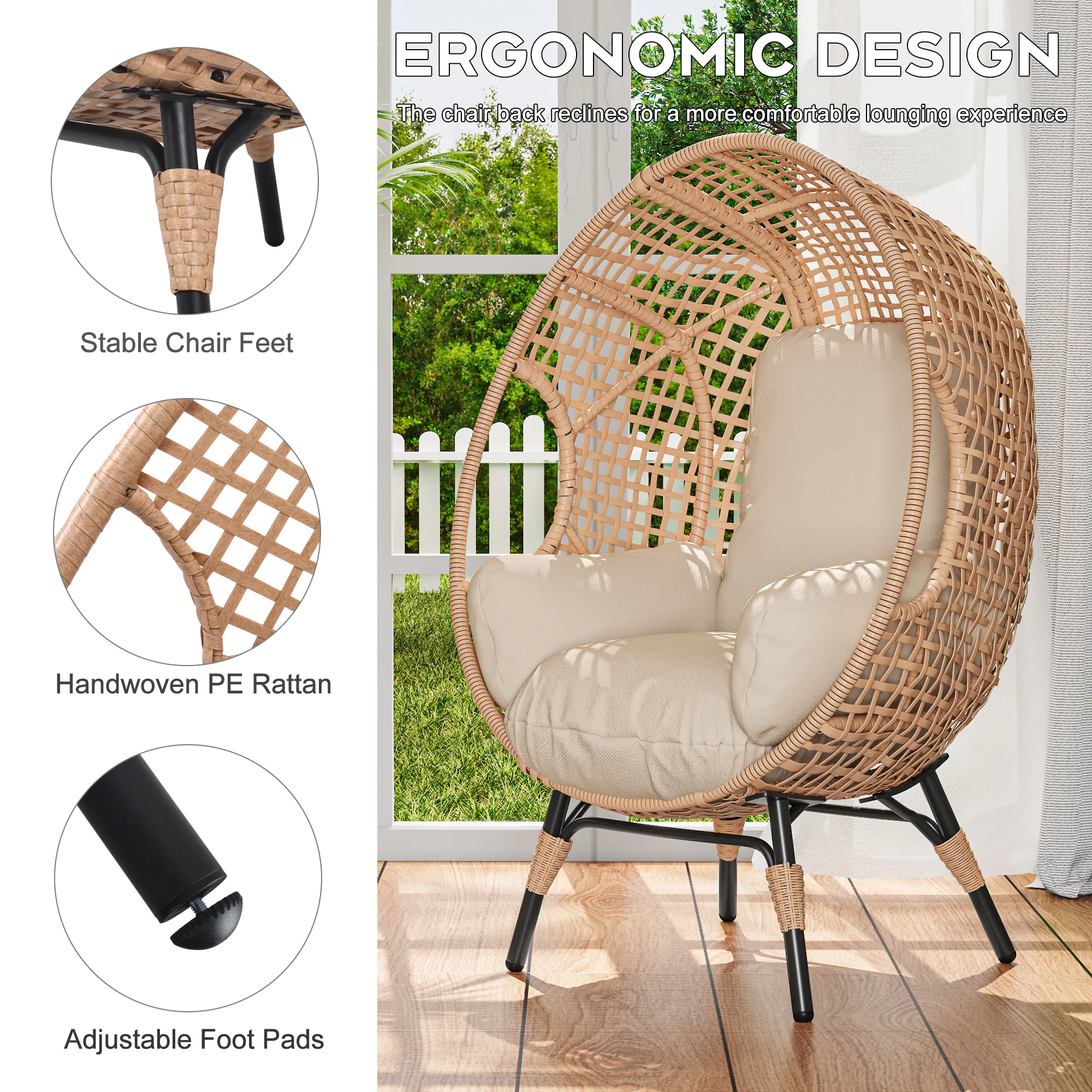 Rattan Outdoor Indoor Elegant Arc Back Hanging Egg Chair - Image 3