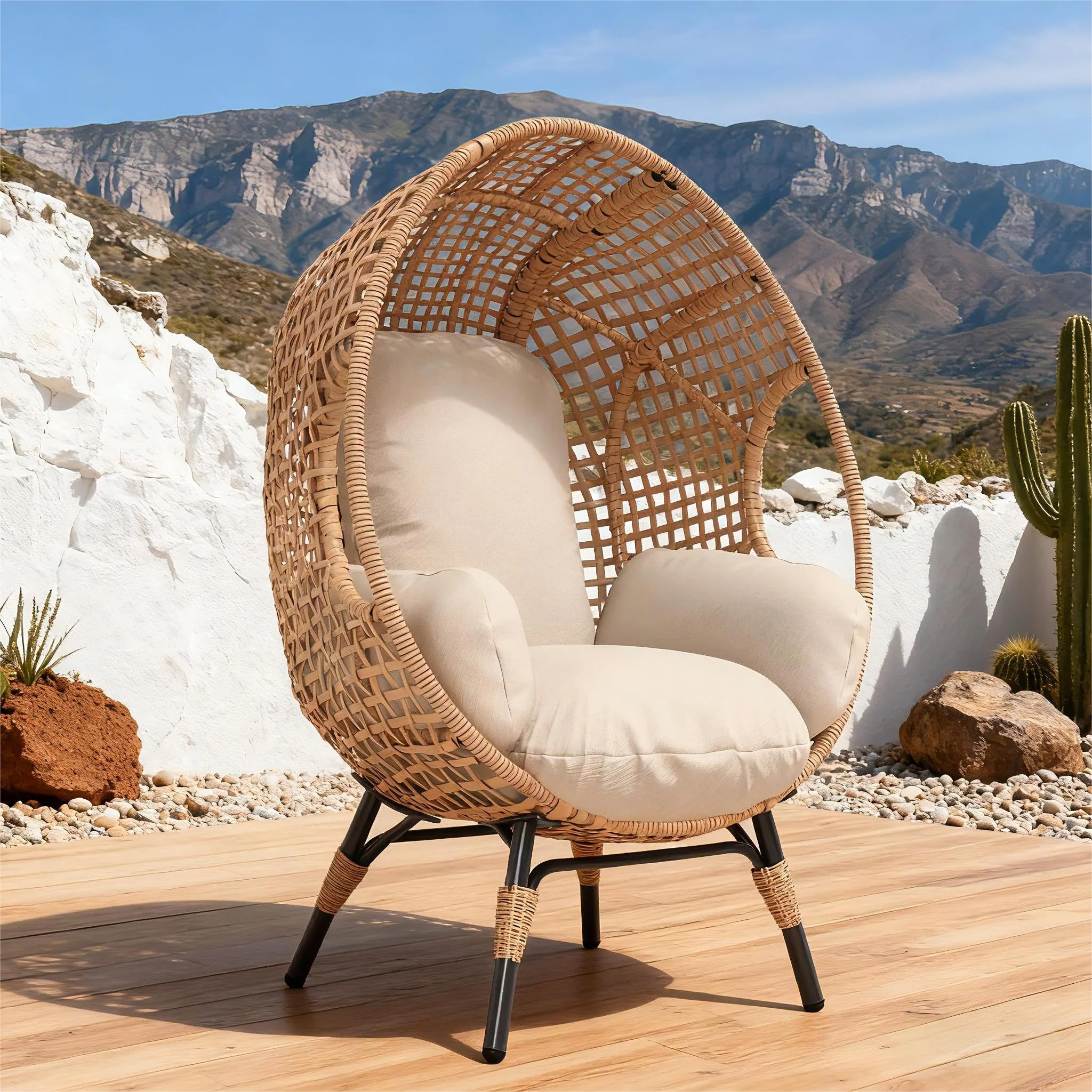 Rattan Outdoor Indoor Elegant Arc Back Hanging Egg Chair - Image 4
