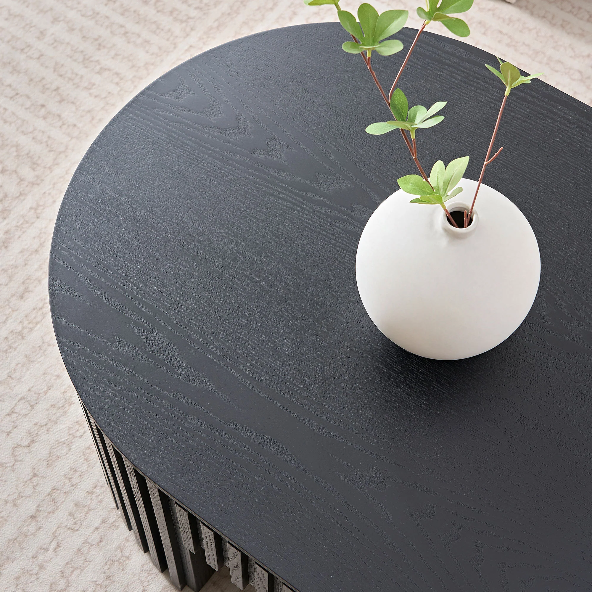 Reeded Black Oval Wood Coffee Table With Drawer - Image 10