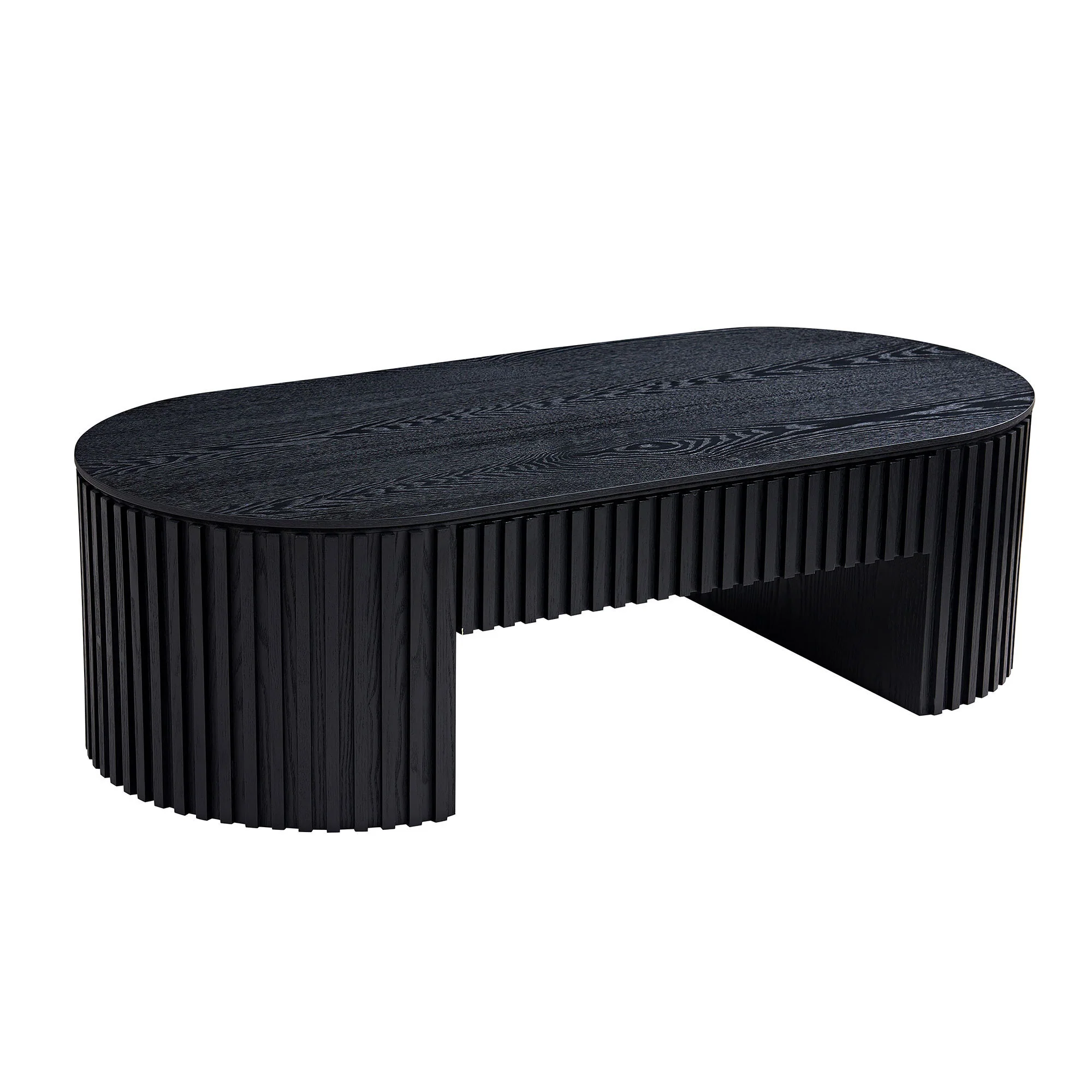Reeded Black Oval Wood Coffee Table With Drawer - Image 5
