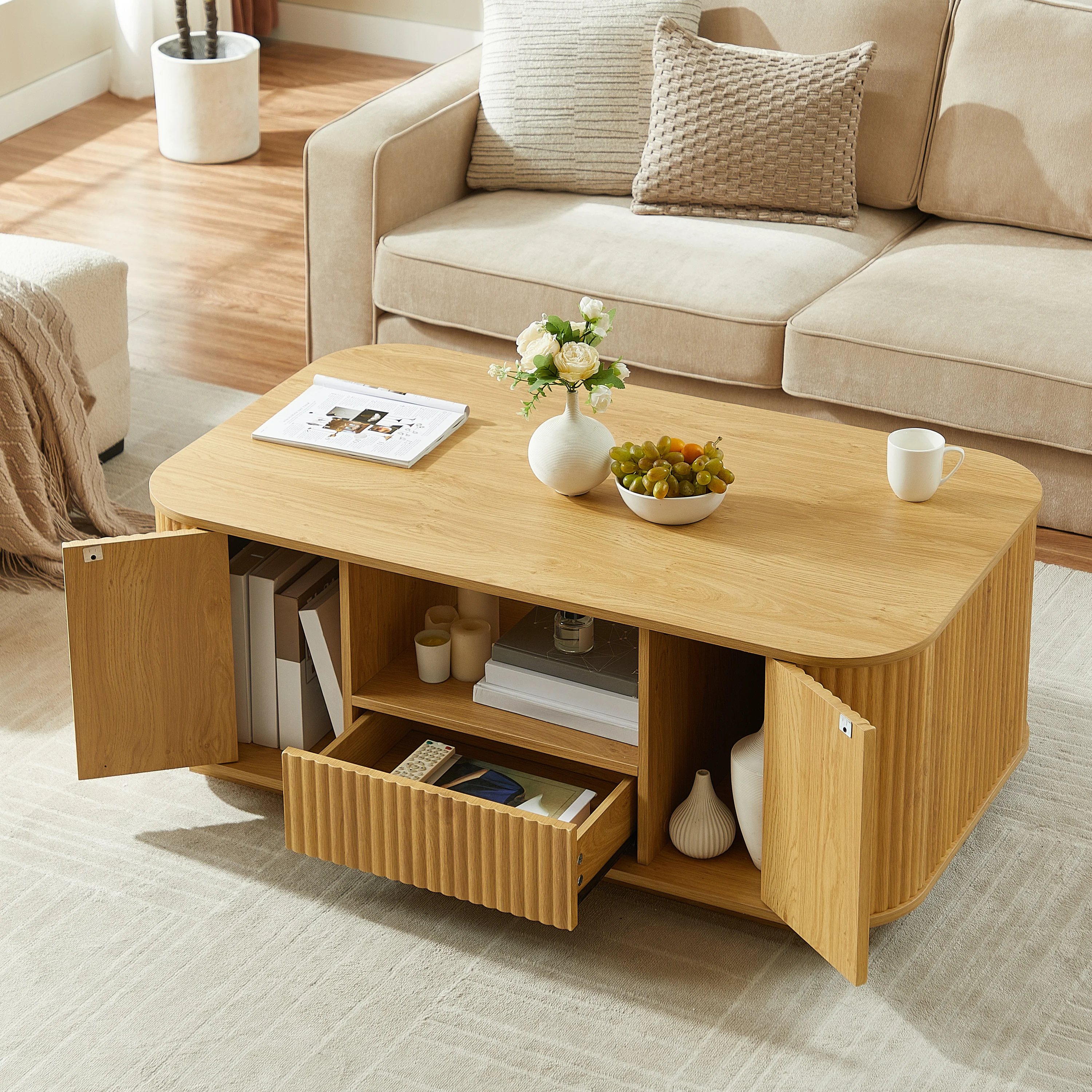Walker Edison | Reeded Modern Curve Design Storage Coffee Table - Image 2
