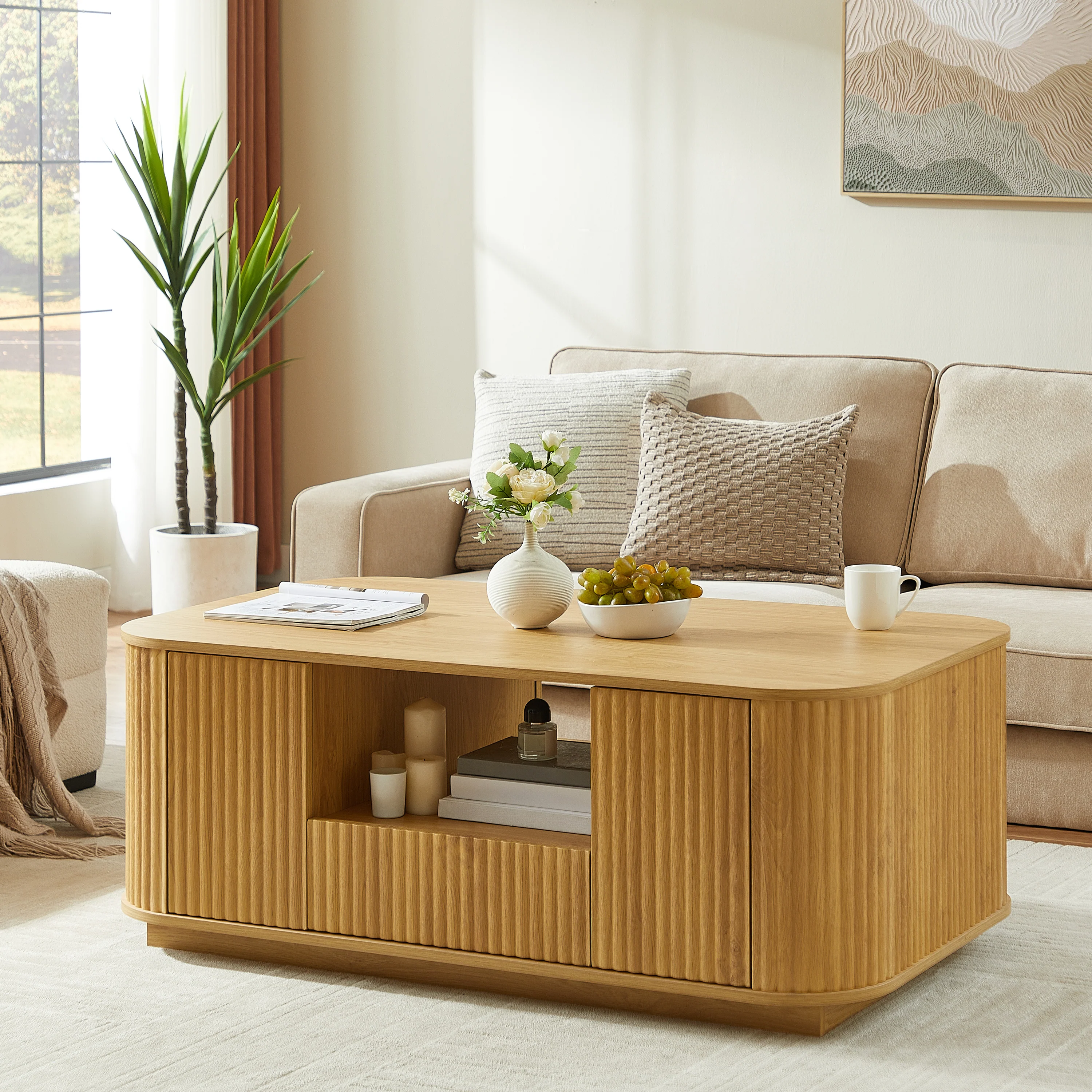 Walker Edison | Reeded Modern Curve Design Storage Coffee Table - Image 3