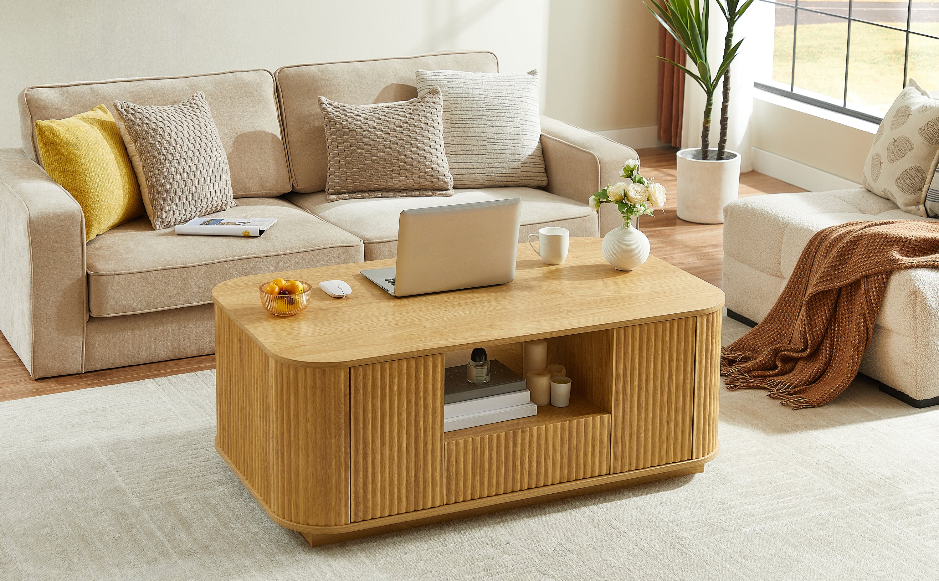 Walker Edison | Reeded Modern Curve Design Storage Coffee Table - Image 5