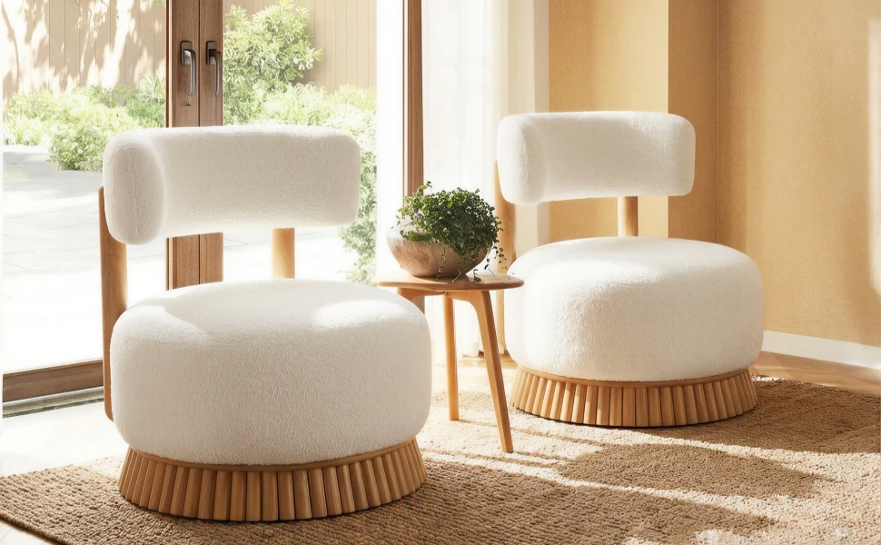 Reeded Wooden Base Curve Boucle Accent Chair Set of 2 - Image 18
