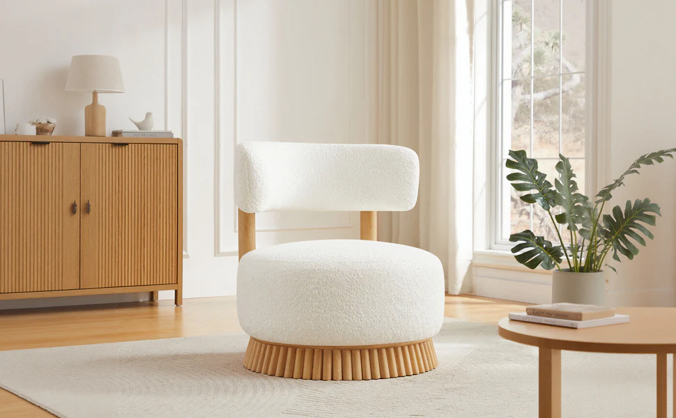 Reeded Wooden Base Curve Boucle Accent Chair Set of 2 - Image 19
