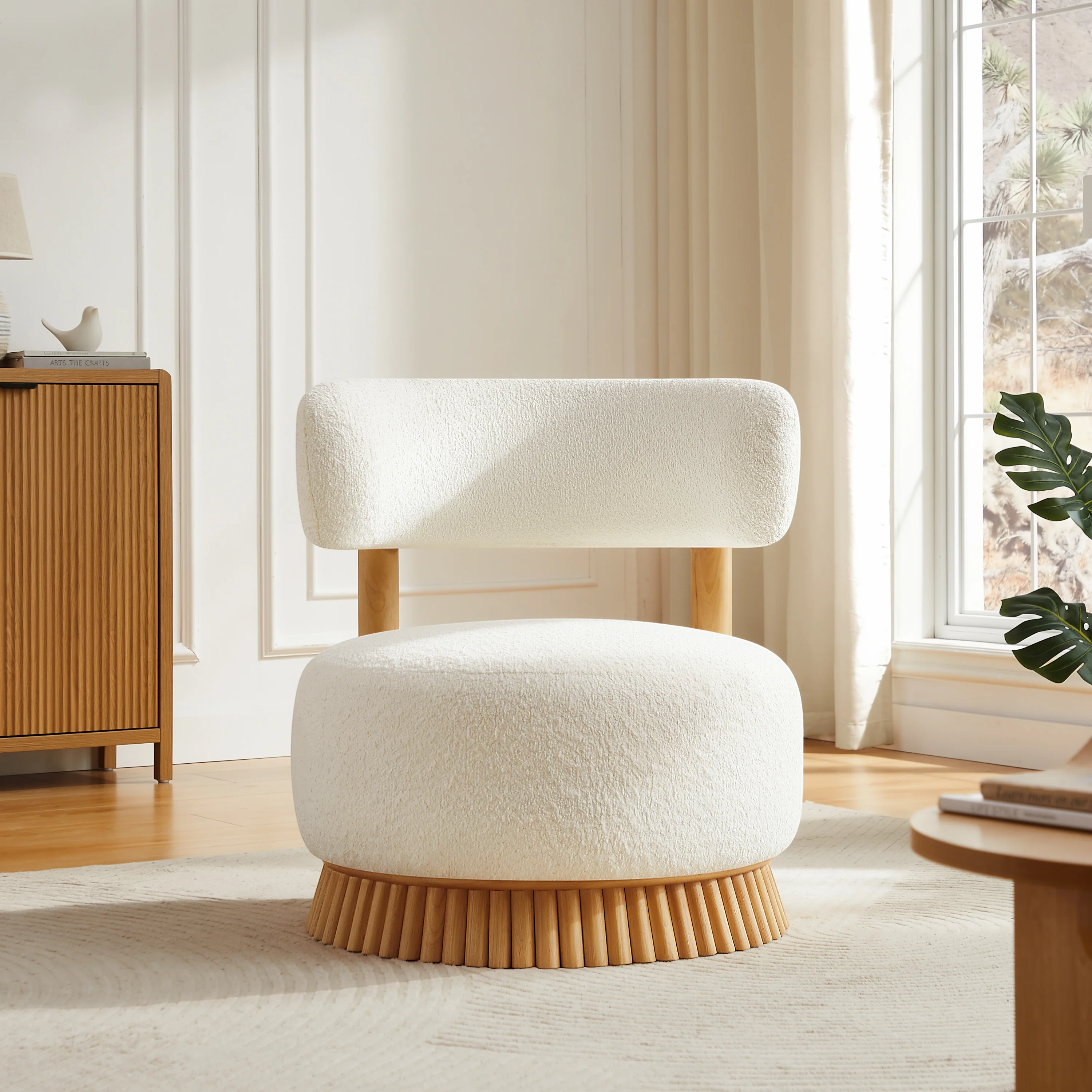 Reeded Wooden Base Curve Boucle Accent Chair Set of 2 - Image 2