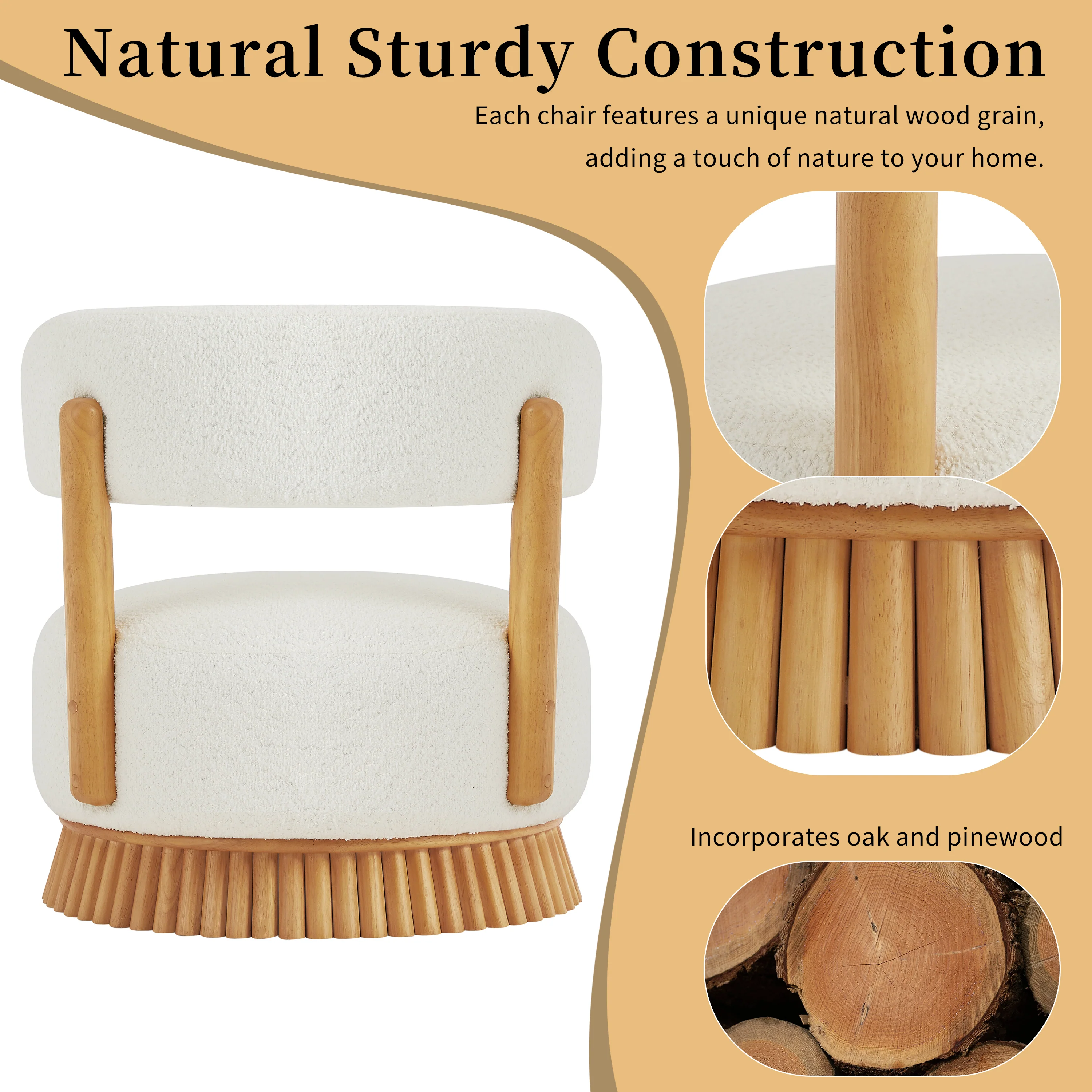 Reeded Wooden Base Curve Boucle Accent Chair Set of 2 - Image 3