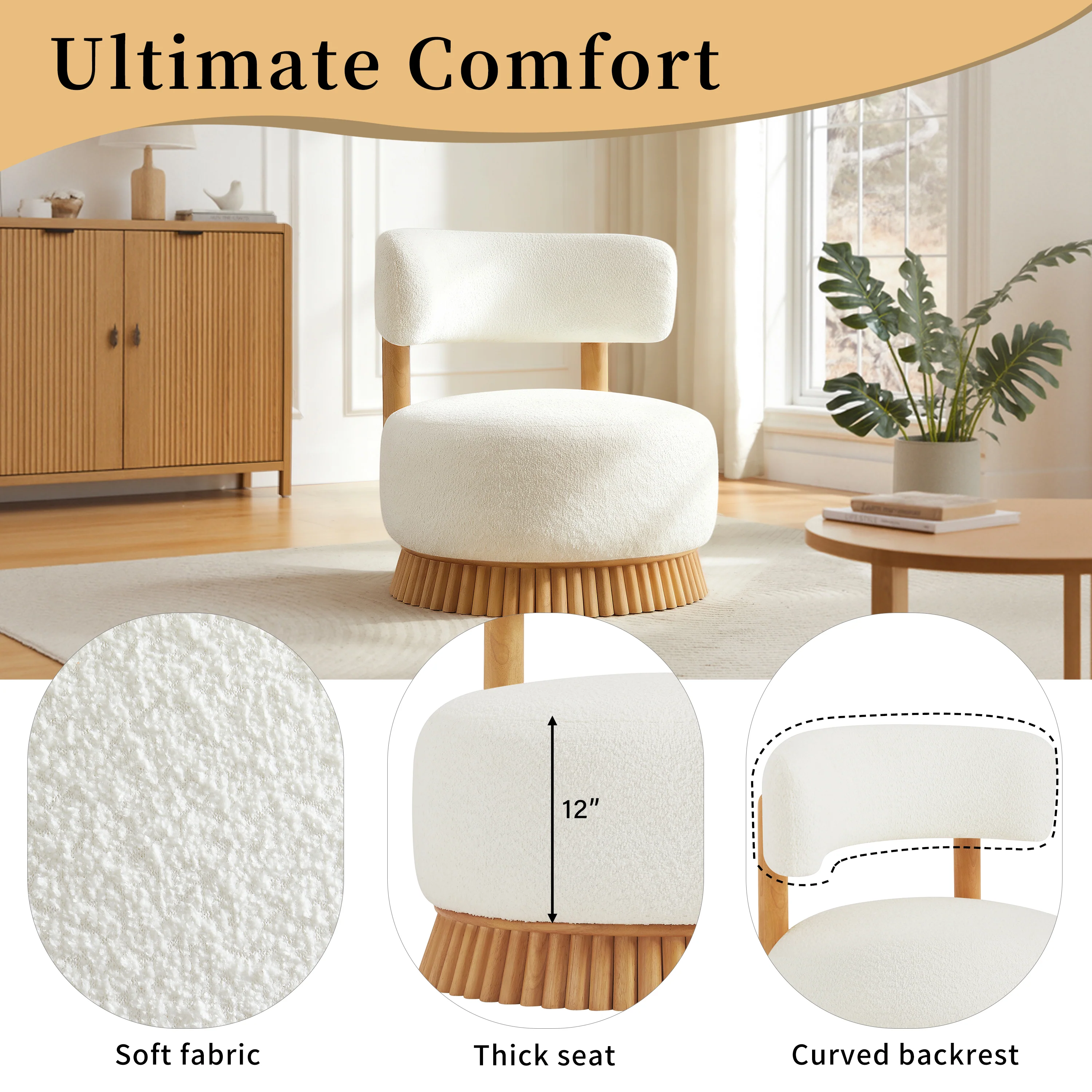 Reeded Wooden Base Curve Boucle Accent Chair Set of 2 - Image 4