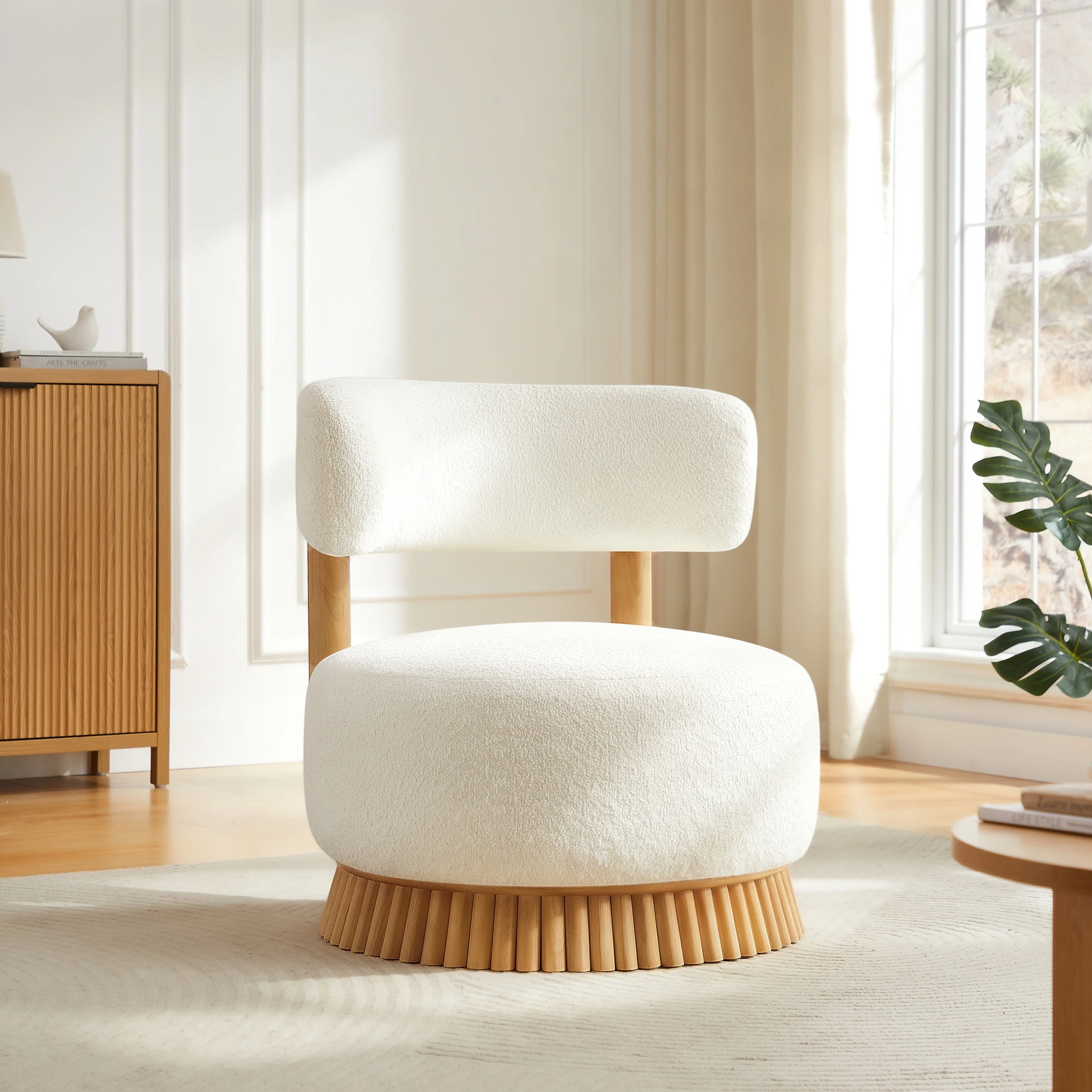 Reeded Wooden Base Curve Boucle Accent Chair Set of 2 - Image 5