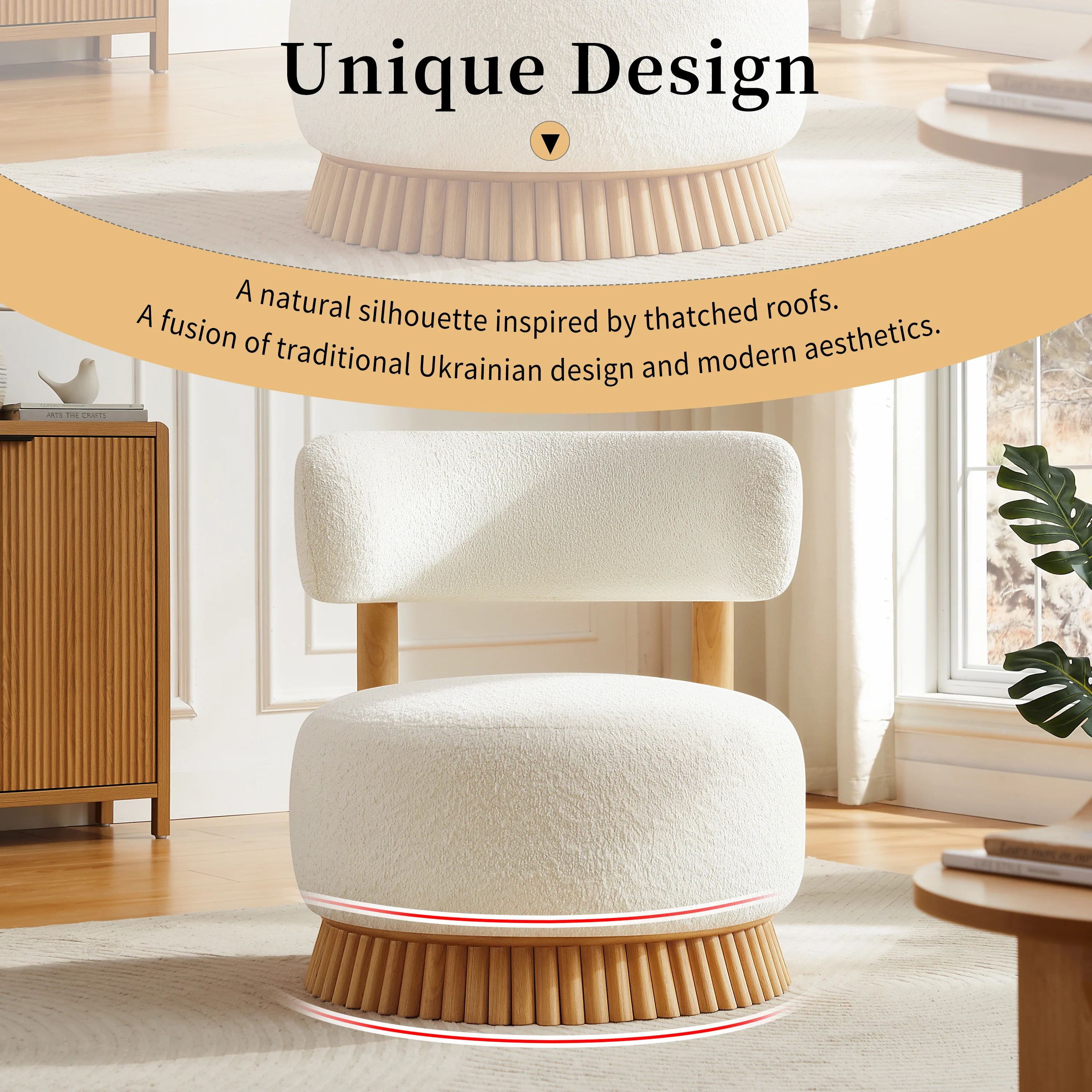 Reeded Wooden Base Curve Boucle Accent Chair Set of 2 - Image 6