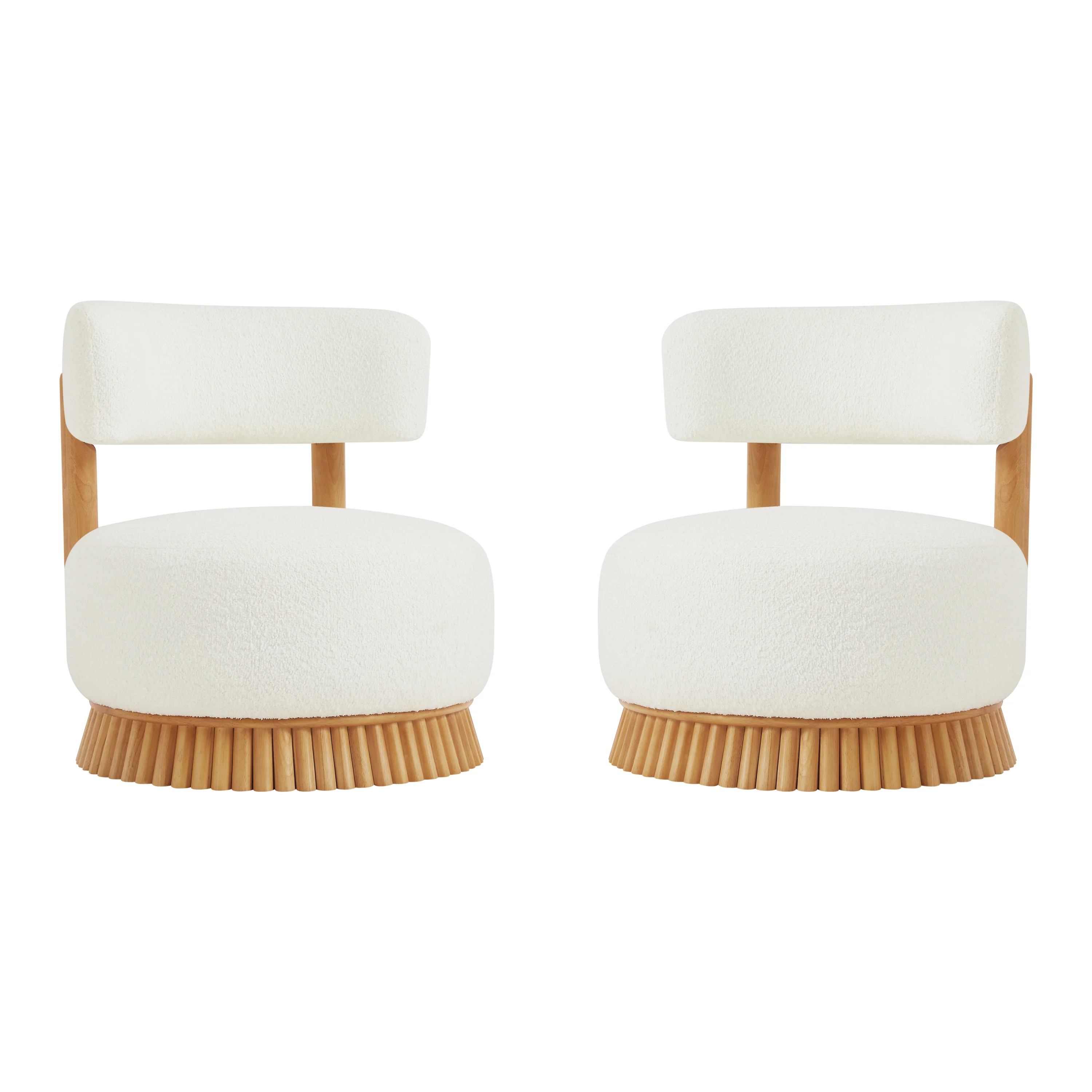 Reeded Wooden Base Curve Boucle Accent Chair Set of 2 - Image 7