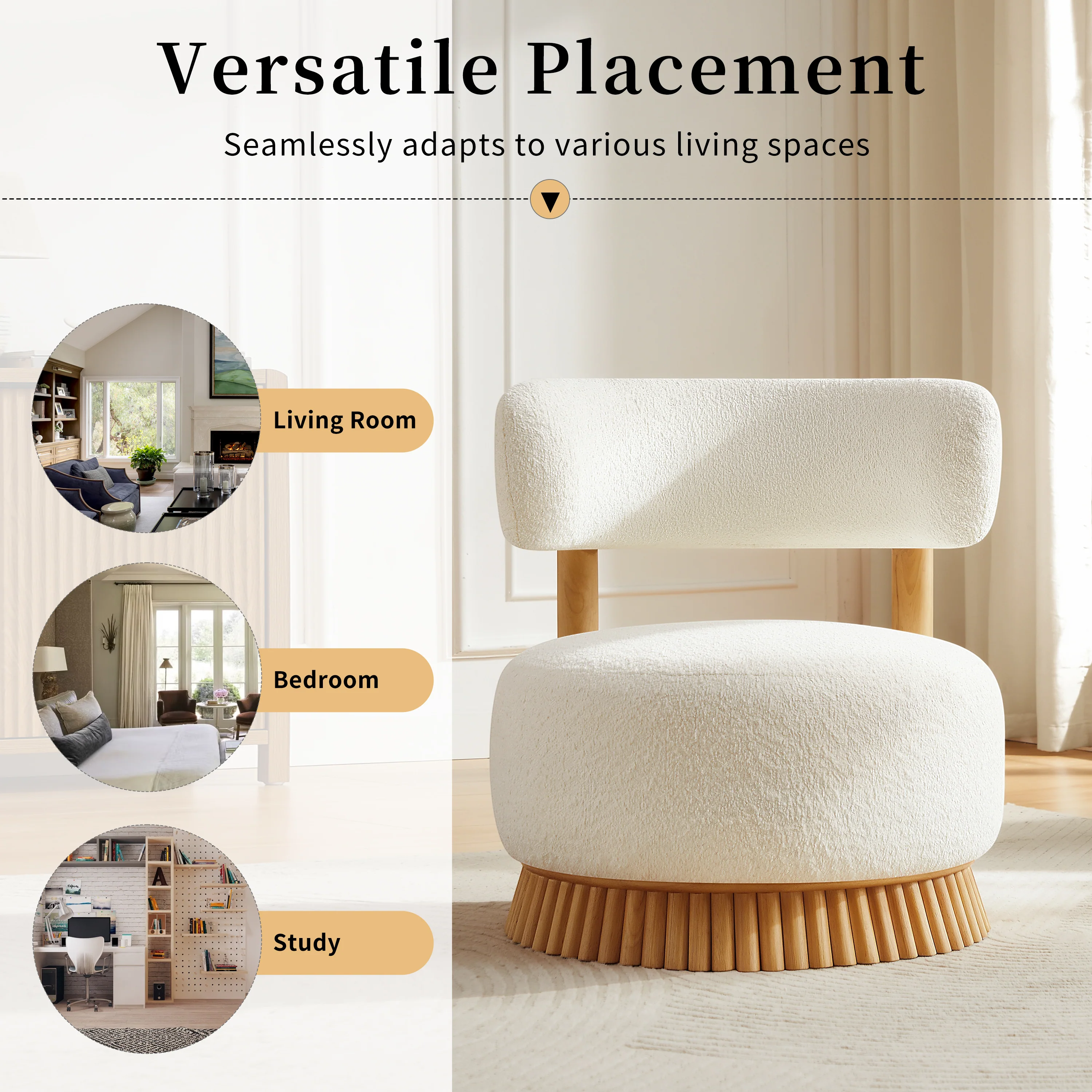 Reeded Wooden Base Curve Boucle Accent Chair Set of 2 - Image 8