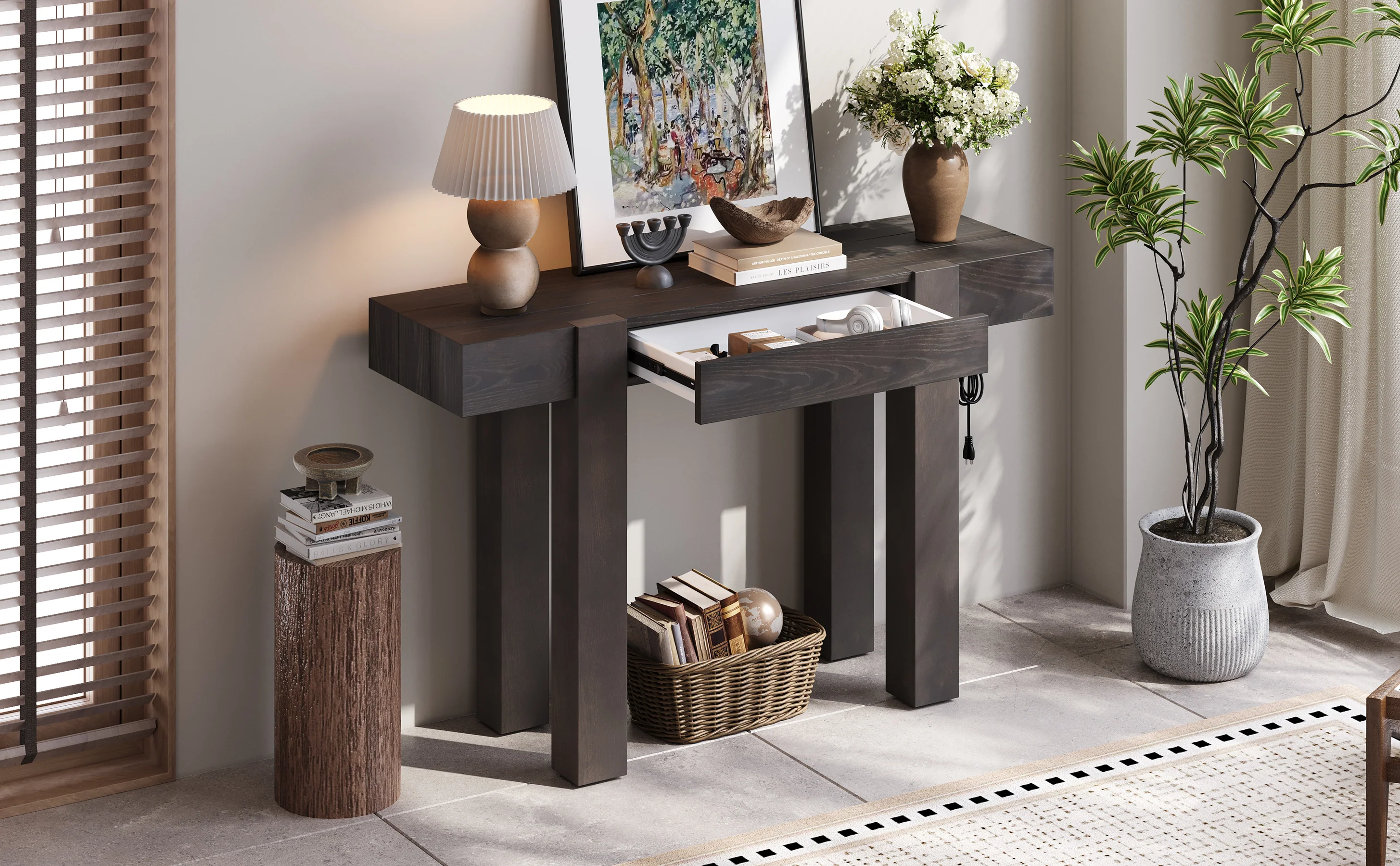 Rustic Minimalist Console Entryway Table with Hidden Drawer and Side Power Outlet - Image 18