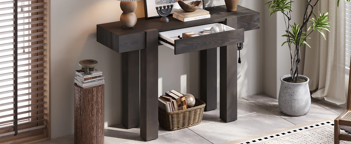 Rustic Minimalist Console Entryway Table with Hidden Drawer and Side Power Outlet - Image 19