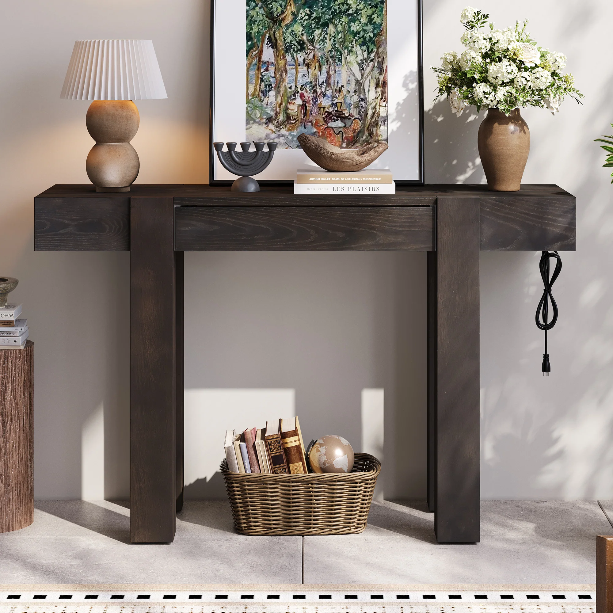 Rustic Minimalist Console Entryway Table with Hidden Drawer and Side Power Outlet - Image 2