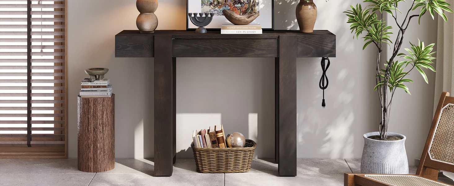 Rustic Minimalist Console Entryway Table with Hidden Drawer and Side Power Outlet - Image 20