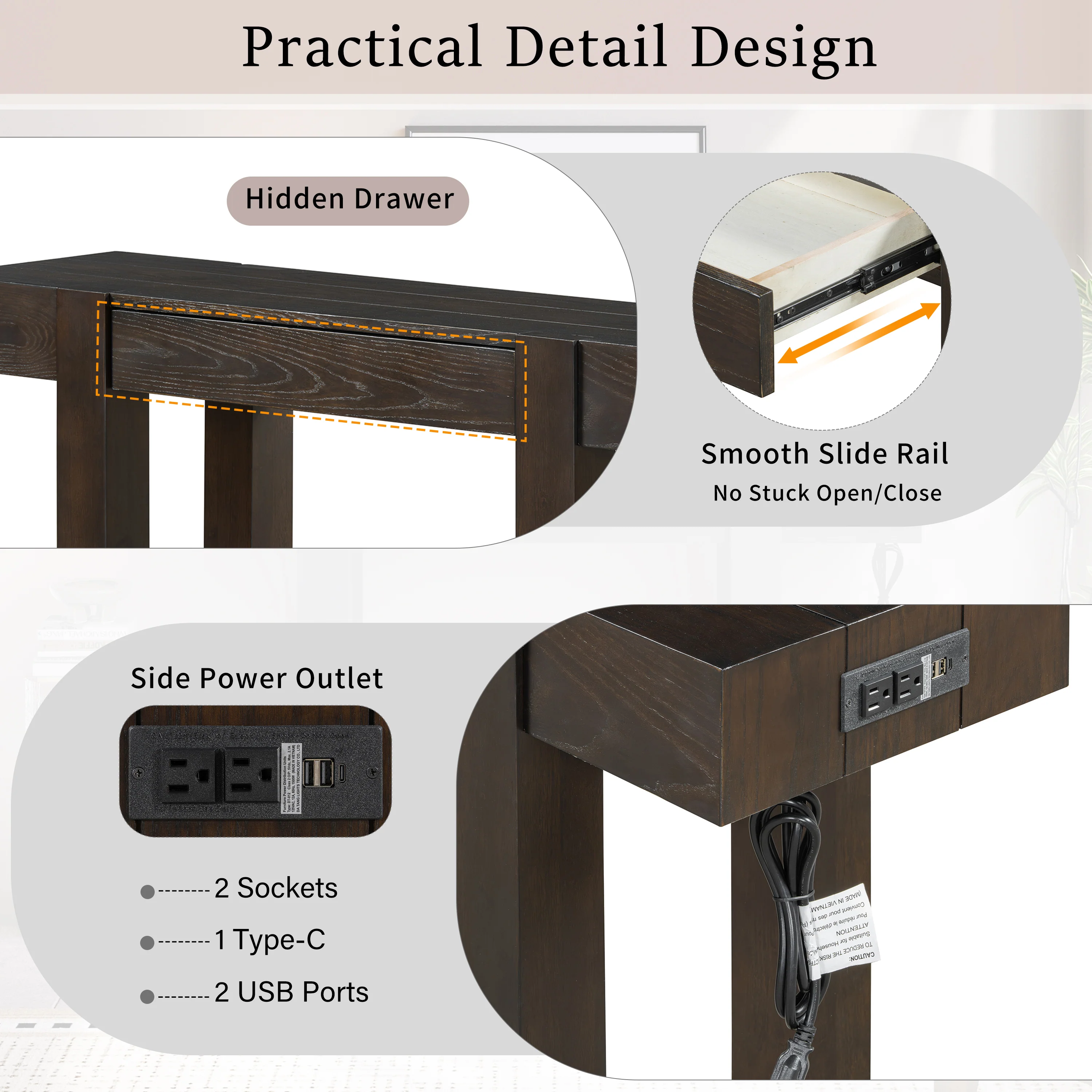 Rustic Minimalist Console Entryway Table with Hidden Drawer and Side Power Outlet - Image 3