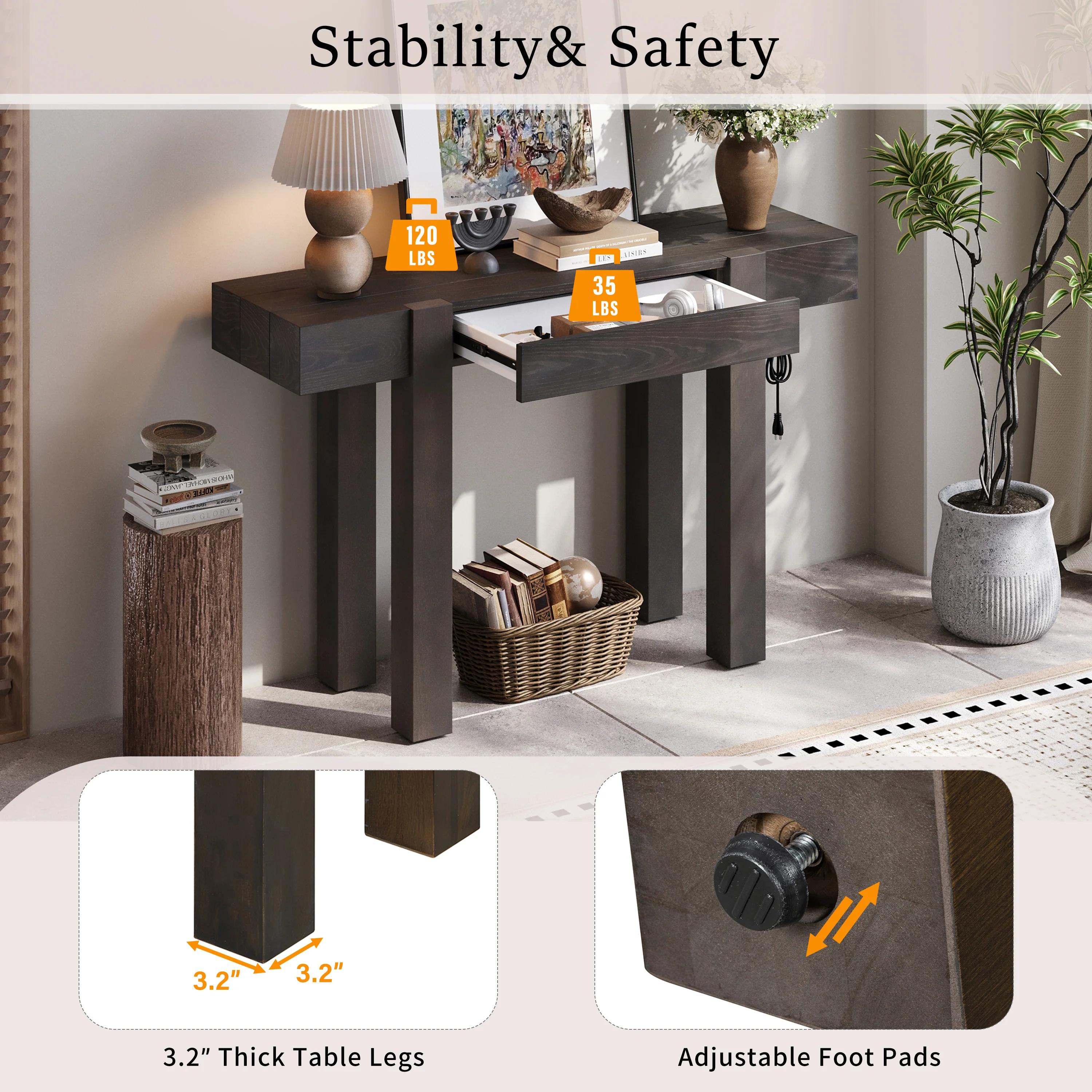 Rustic Minimalist Console Entryway Table with Hidden Drawer and Side Power Outlet - Image 4