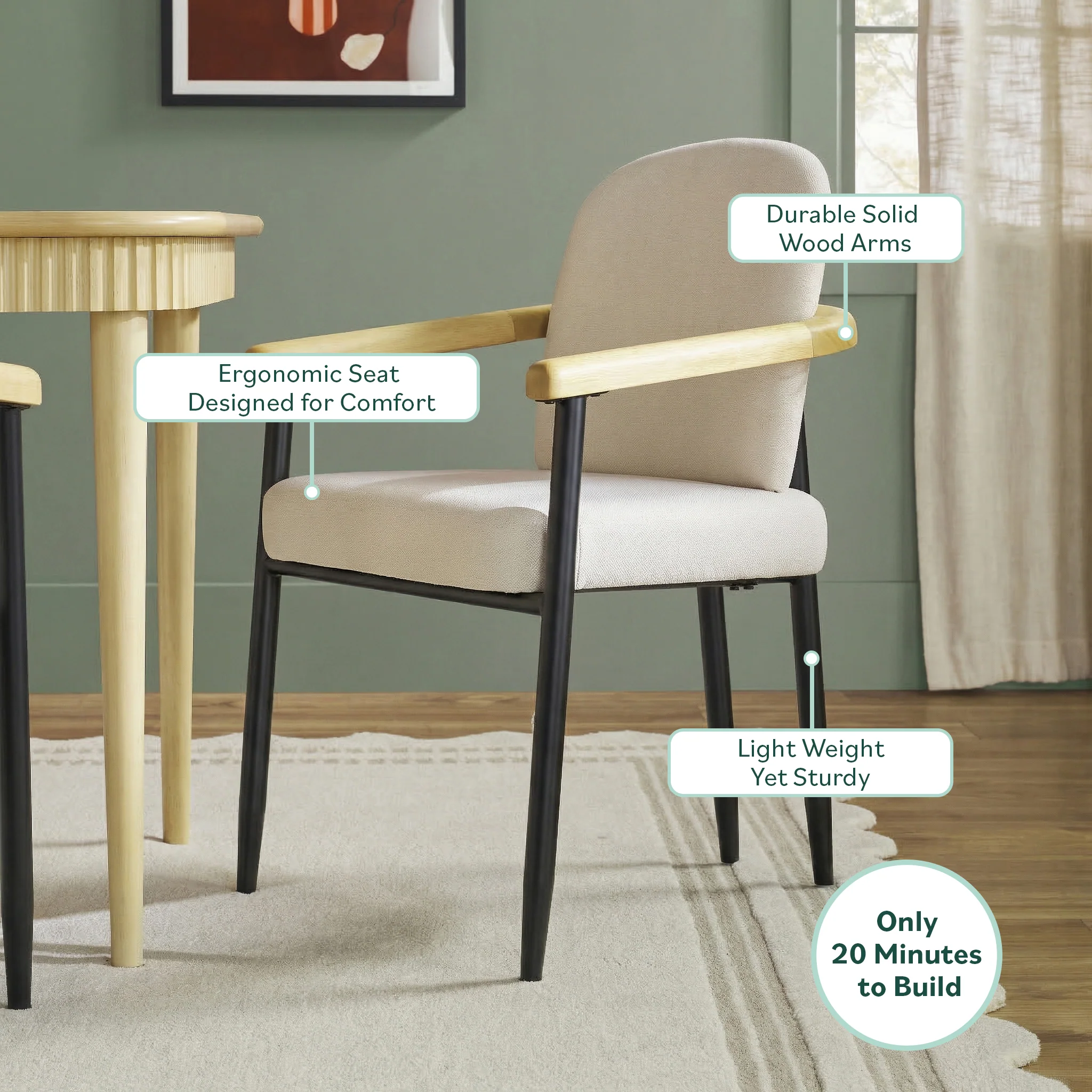 Samantha Modern Curved Wood and Metal Upholstered Dining Chair, Set of 2 - Image 6