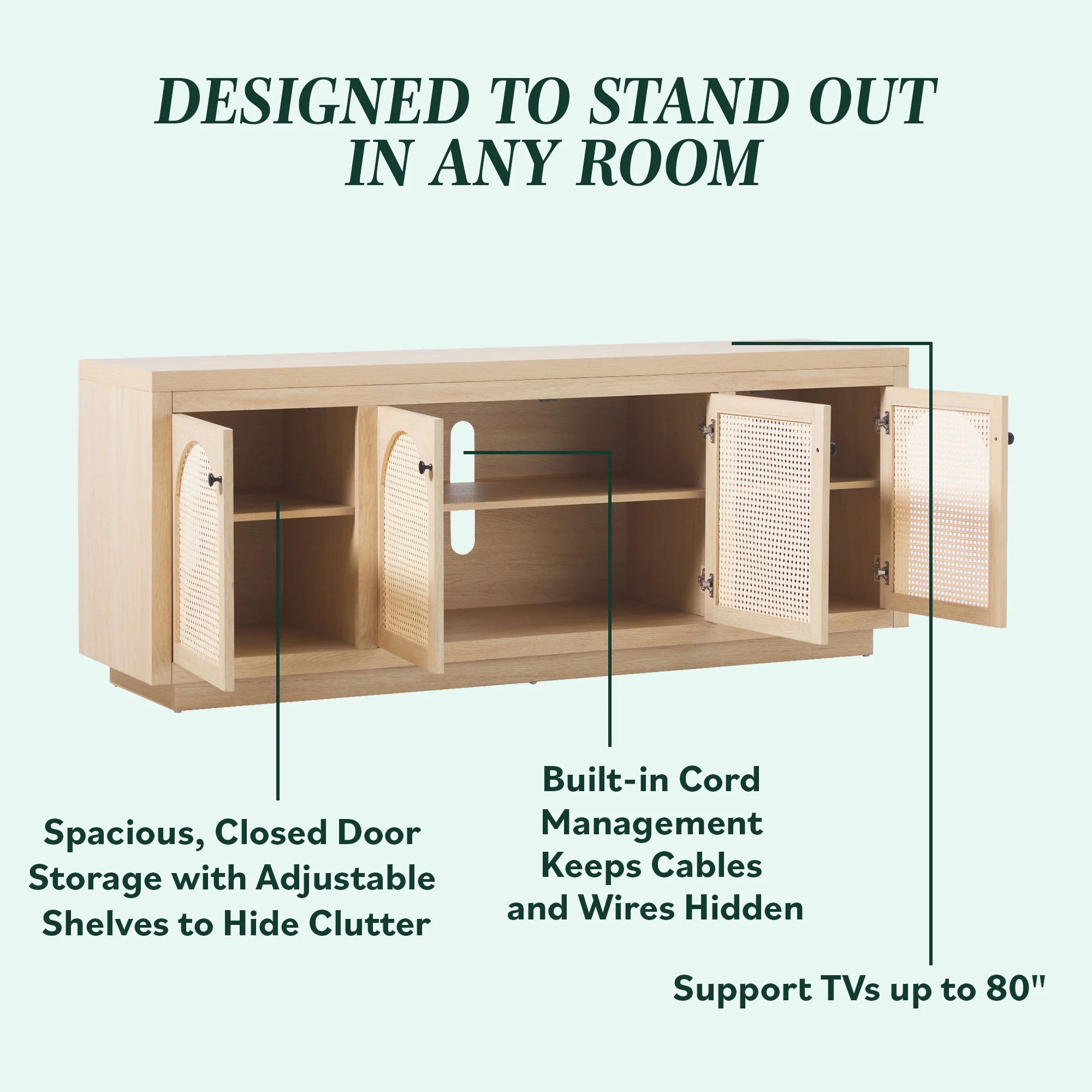 Sasha Contemporary TV Stand and Sideboard with Rattan Doors for up to 80" TV - Image 3