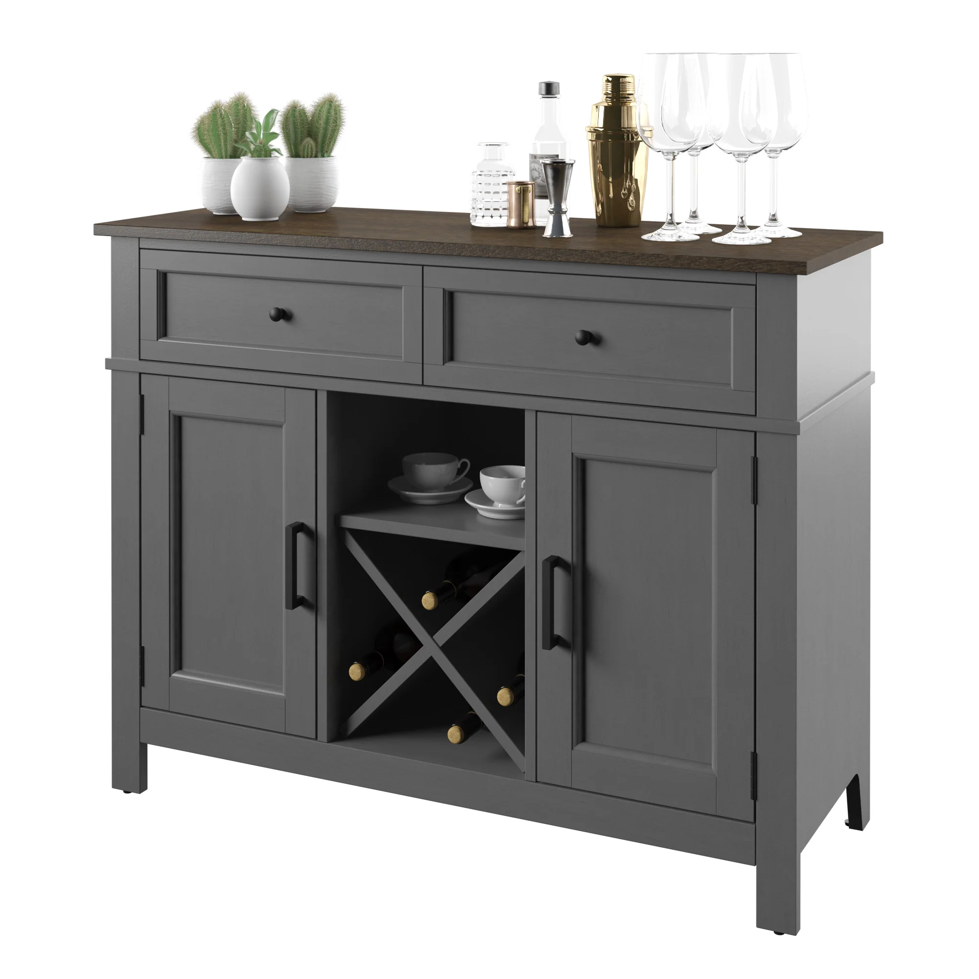 Farmhouse Buffet Sideboard with Wine Shelving and Stemware Storage - Image 11