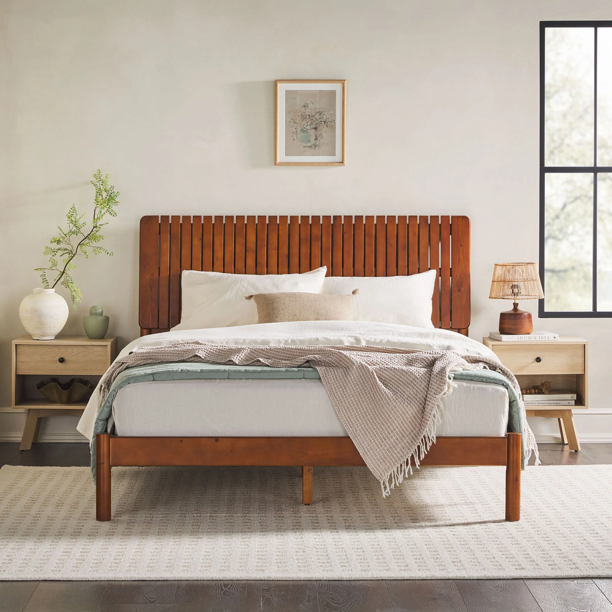 Cama Slatted Headboard Mid-Century Modern Solid Wood Bed - Image 4