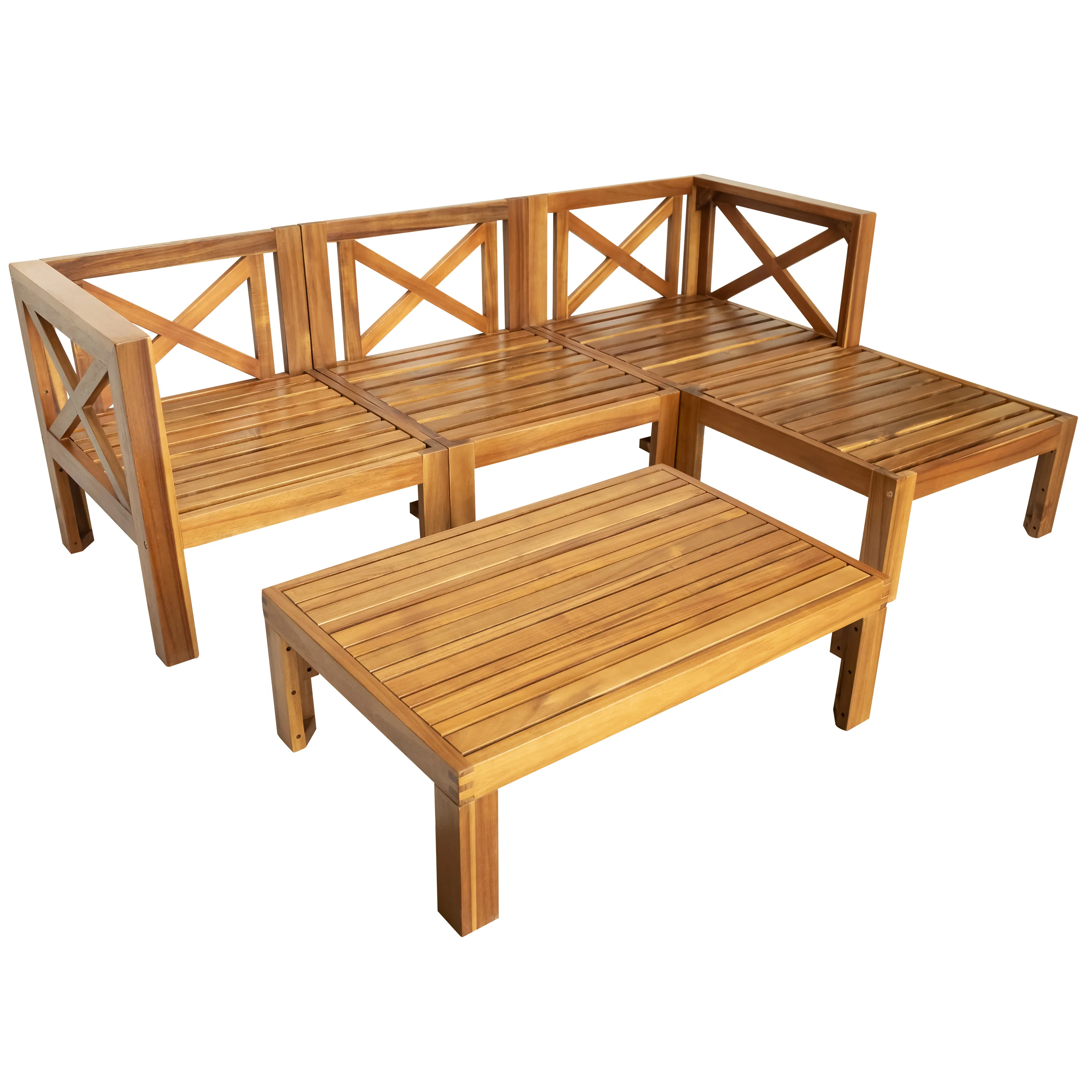 Walker Edison | Sleek Modular Wood Outdoor Patio 5-Piece Sectional Sofa Set - Image 19