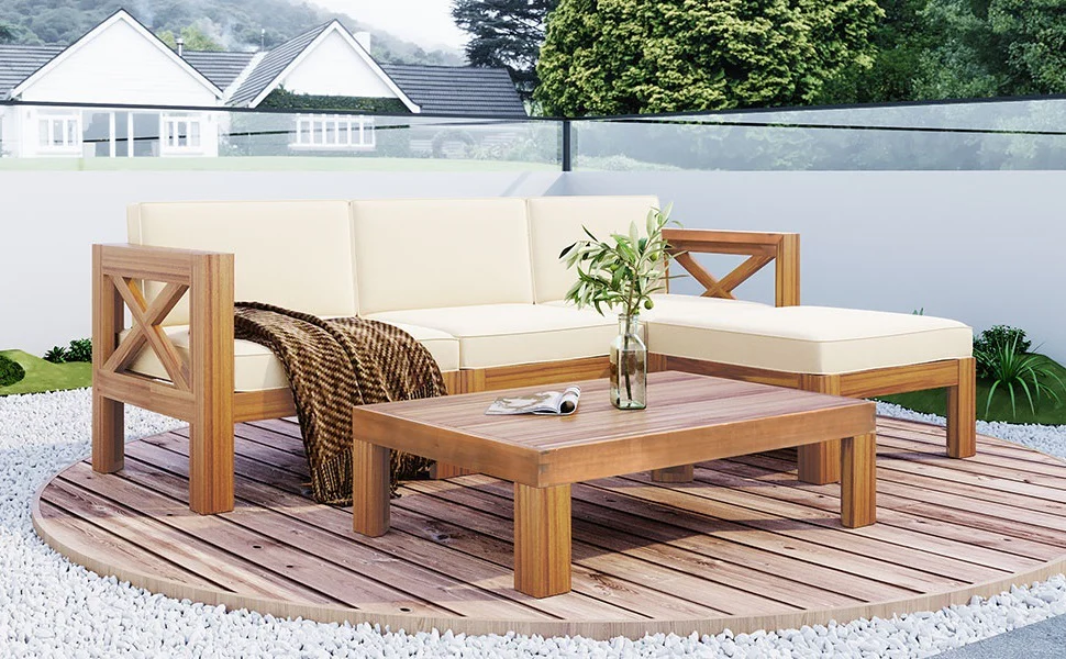 Walker Edison | Sleek Modular Wood Outdoor Patio 5-Piece Sectional Sofa Set - Image 26