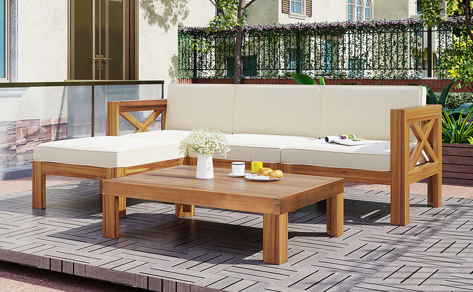 Walker Edison | Sleek Modular Wood Outdoor Patio 5-Piece Sectional Sofa Set - Image 27