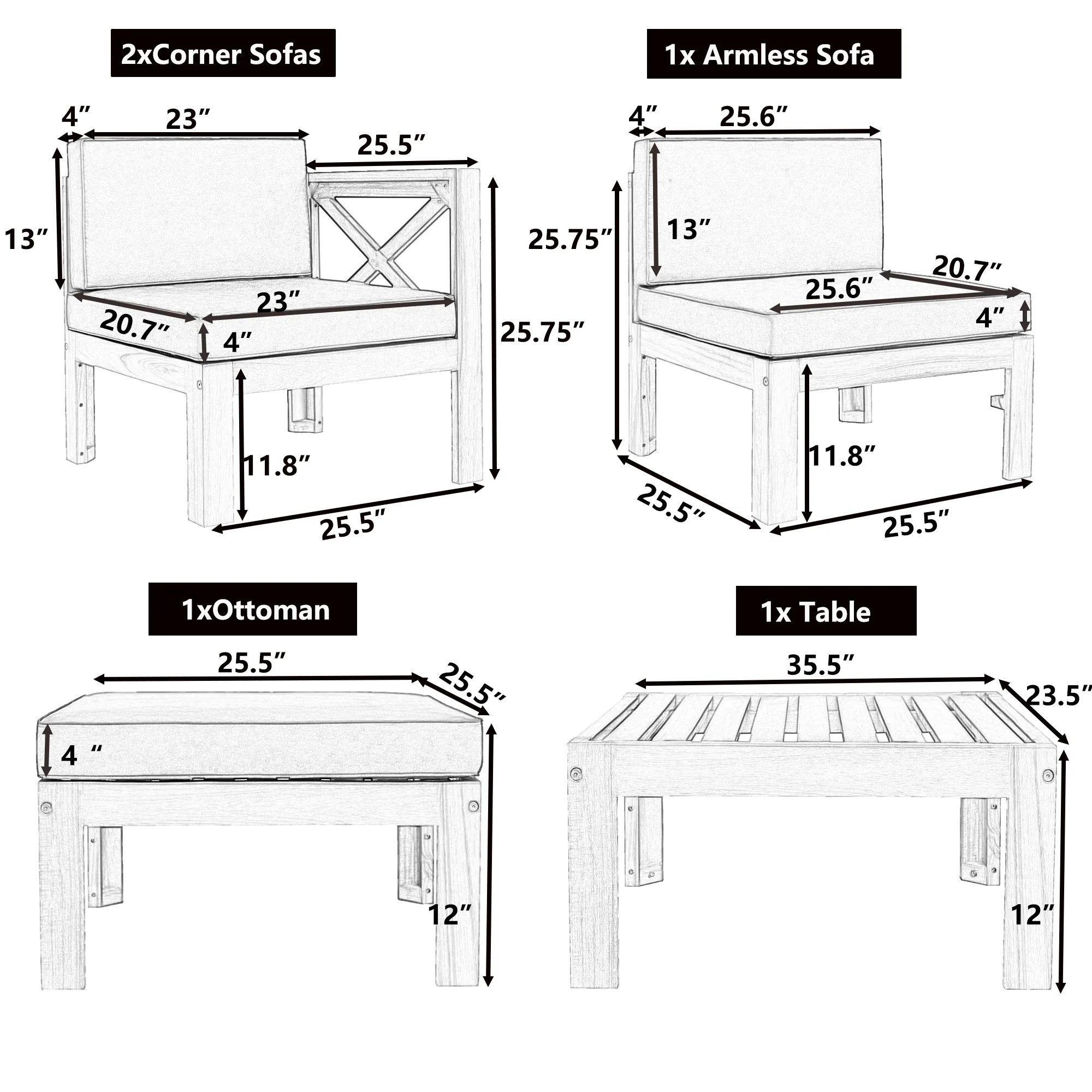 Walker Edison | Sleek Modular Wood Outdoor Patio 5-Piece Sectional Sofa Set - Image 3
