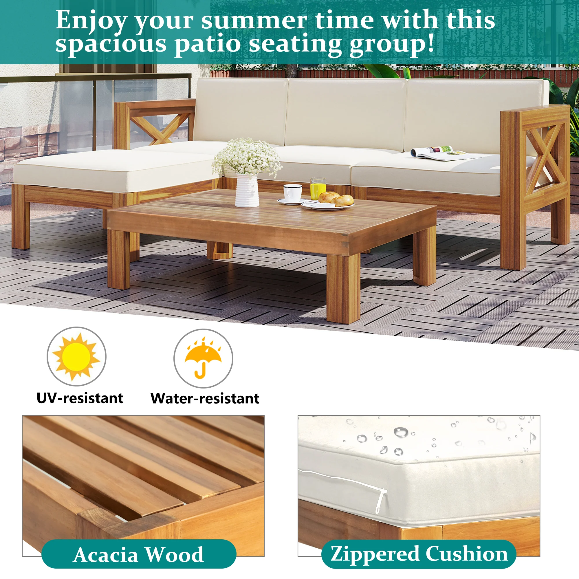 Walker Edison | Sleek Modular Wood Outdoor Patio 5-Piece Sectional Sofa Set - Image 4