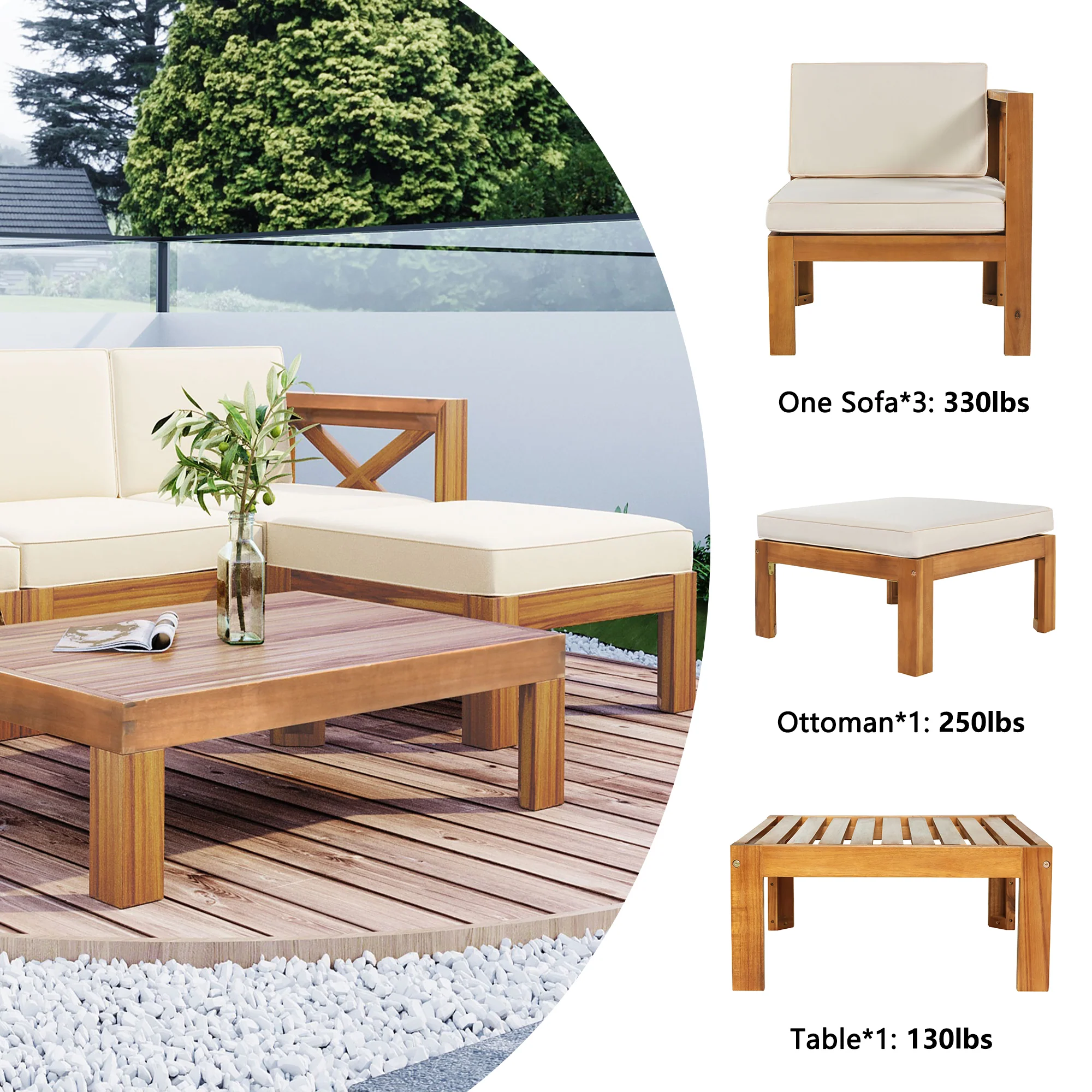 Walker Edison | Sleek Modular Wood Outdoor Patio 5-Piece Sectional Sofa Set - Image 6