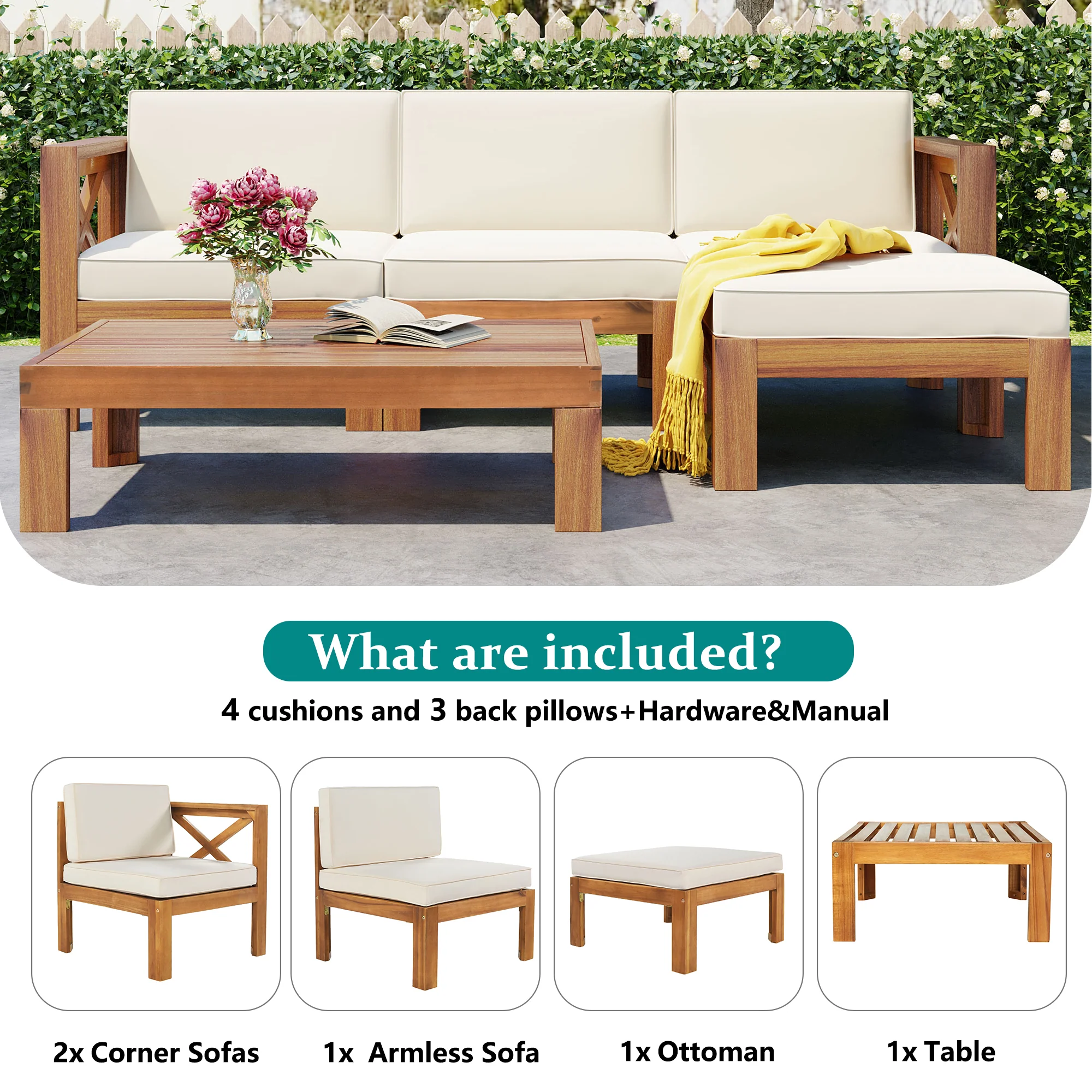 Walker Edison | Sleek Modular Wood Outdoor Patio 5-Piece Sectional Sofa Set - Image 7