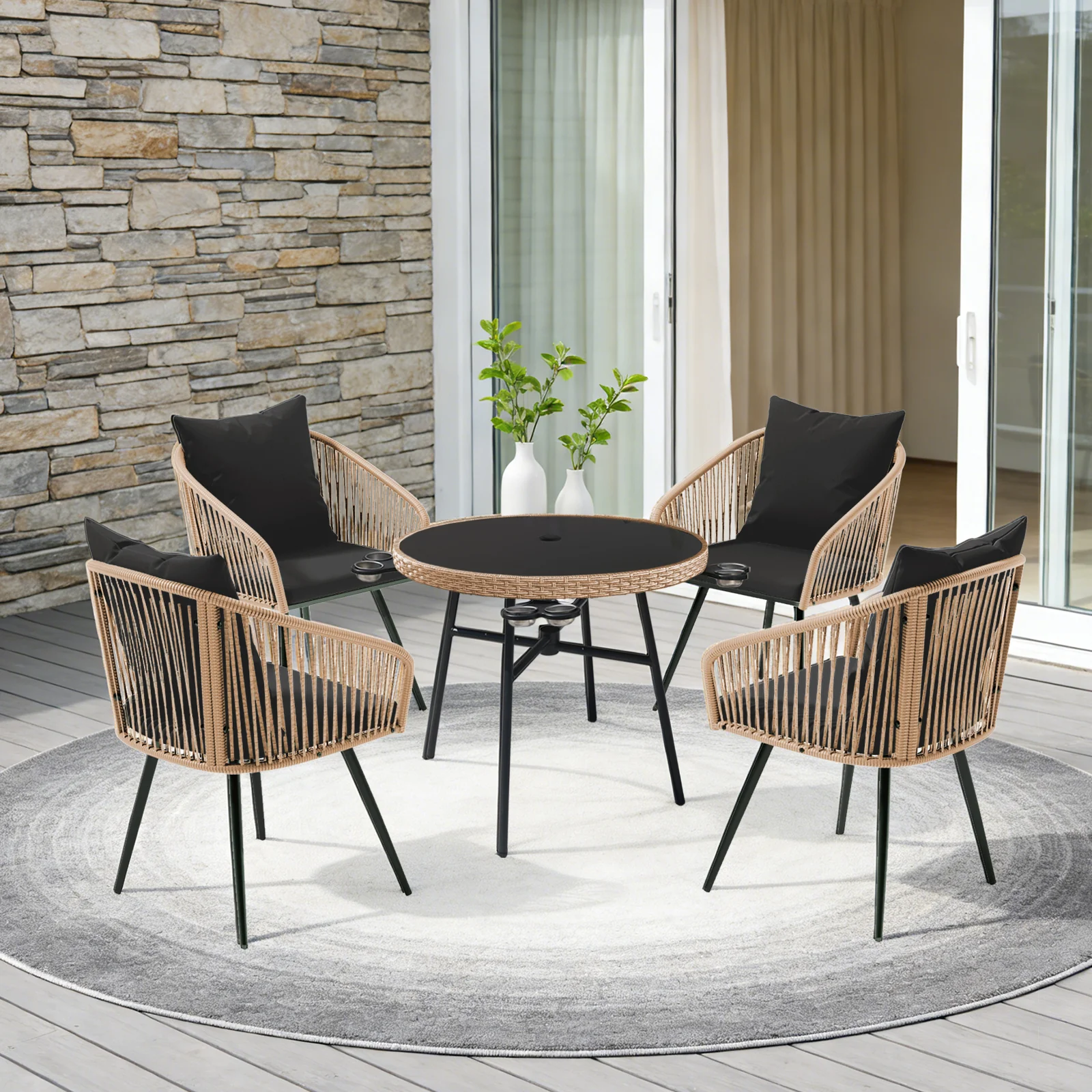 Small 5-Piece Wicker Conversation Outdoor Patio Set with Round Glass Table