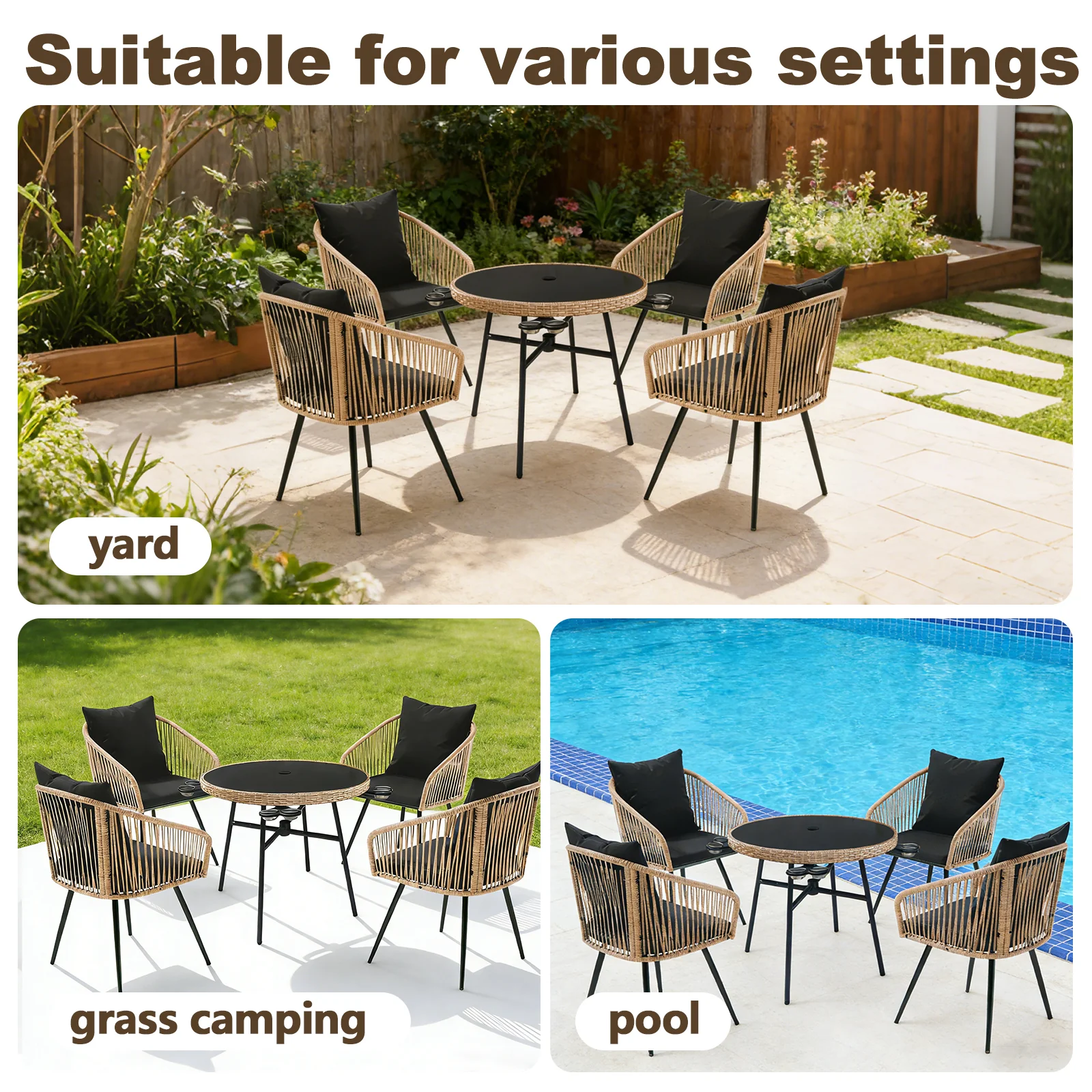 Small 5-Piece Wicker Conversation Outdoor Patio Set with Round Glass Table - Image 3
