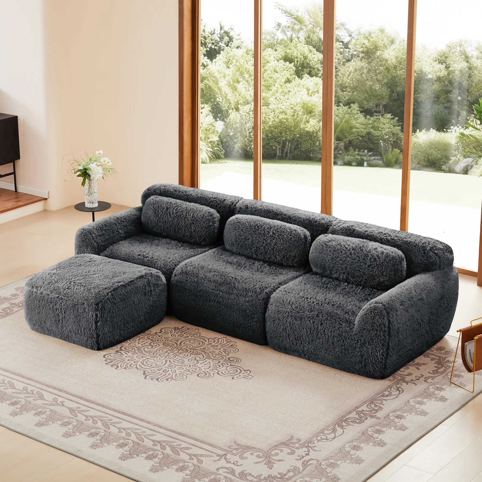 Soft And Fluffy Plush Boneless Modular Sofa with Ottoman - Image 2