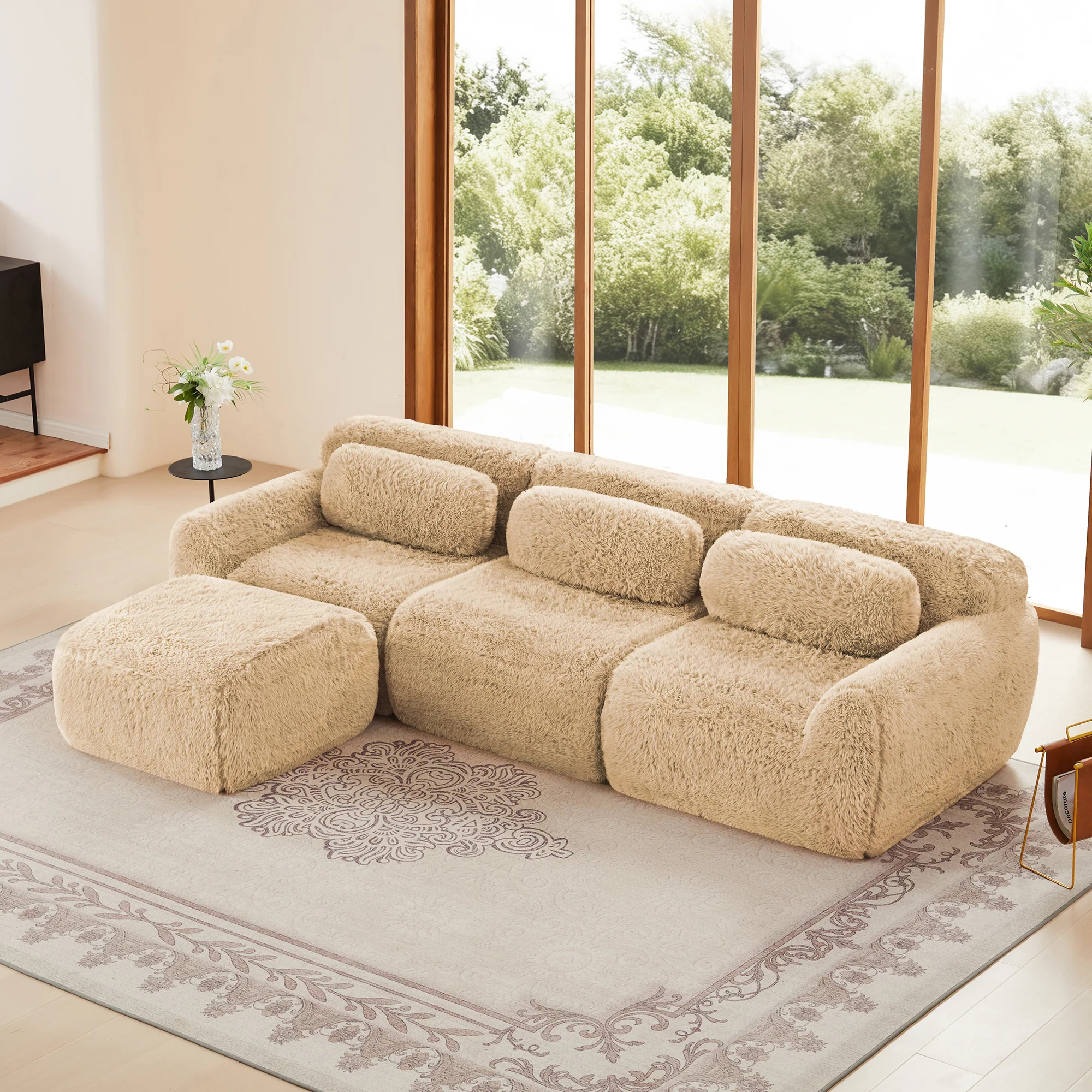 Soft And Fluffy Plush Boneless Modular Sofa with Ottoman - Image 3