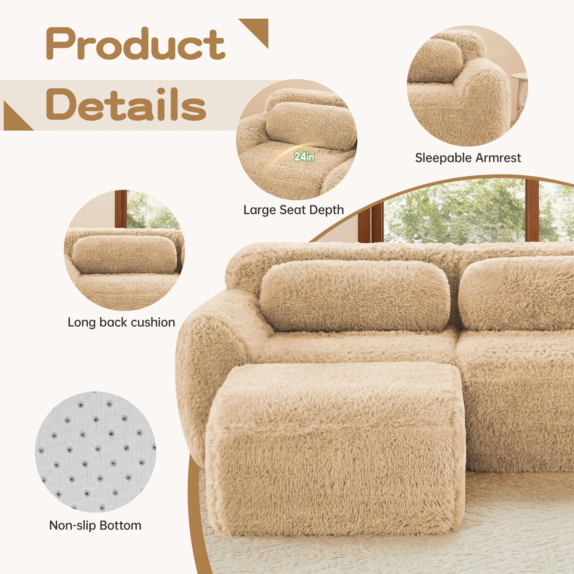 Soft And Fluffy Plush Boneless Modular Sofa with Ottoman - Image 36